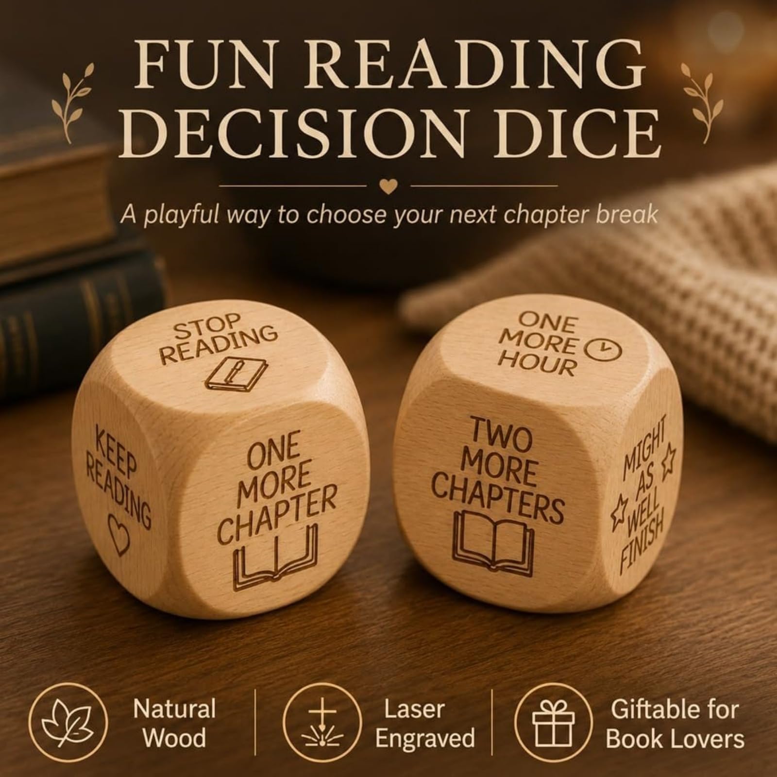 Dados de Madera para decidir la Lectura, Dados de Madera de 6 Caras para divertirse Leyendo, compañero de Madera Natural Grabado, Herramientas para Elegir el Tiempo (8Pcs)