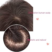 Vista 4 de Cubrecabello humano corto y liso para mujer con flequillo barrido, marrón oscuro, 5.9 x 6.3 pulgadas, base de seda, pieza superior giratoria de 6