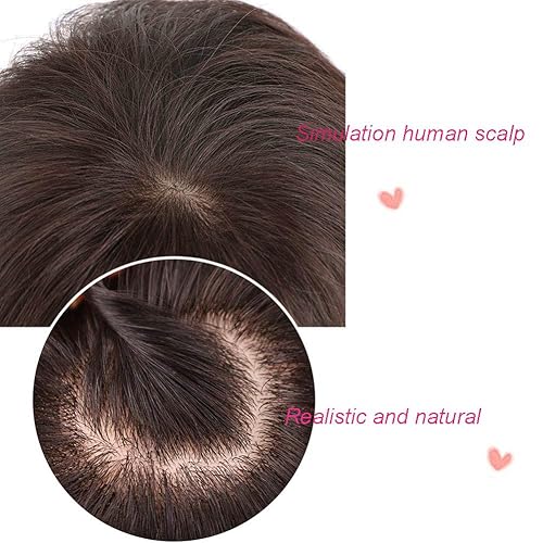 Miniatura 5 de Cubrecabello humano corto y liso para mujer con flequillo barrido, marrón oscuro, 5.9 x 6.3 pulgadas, base de seda, pieza superior giratoria de 6