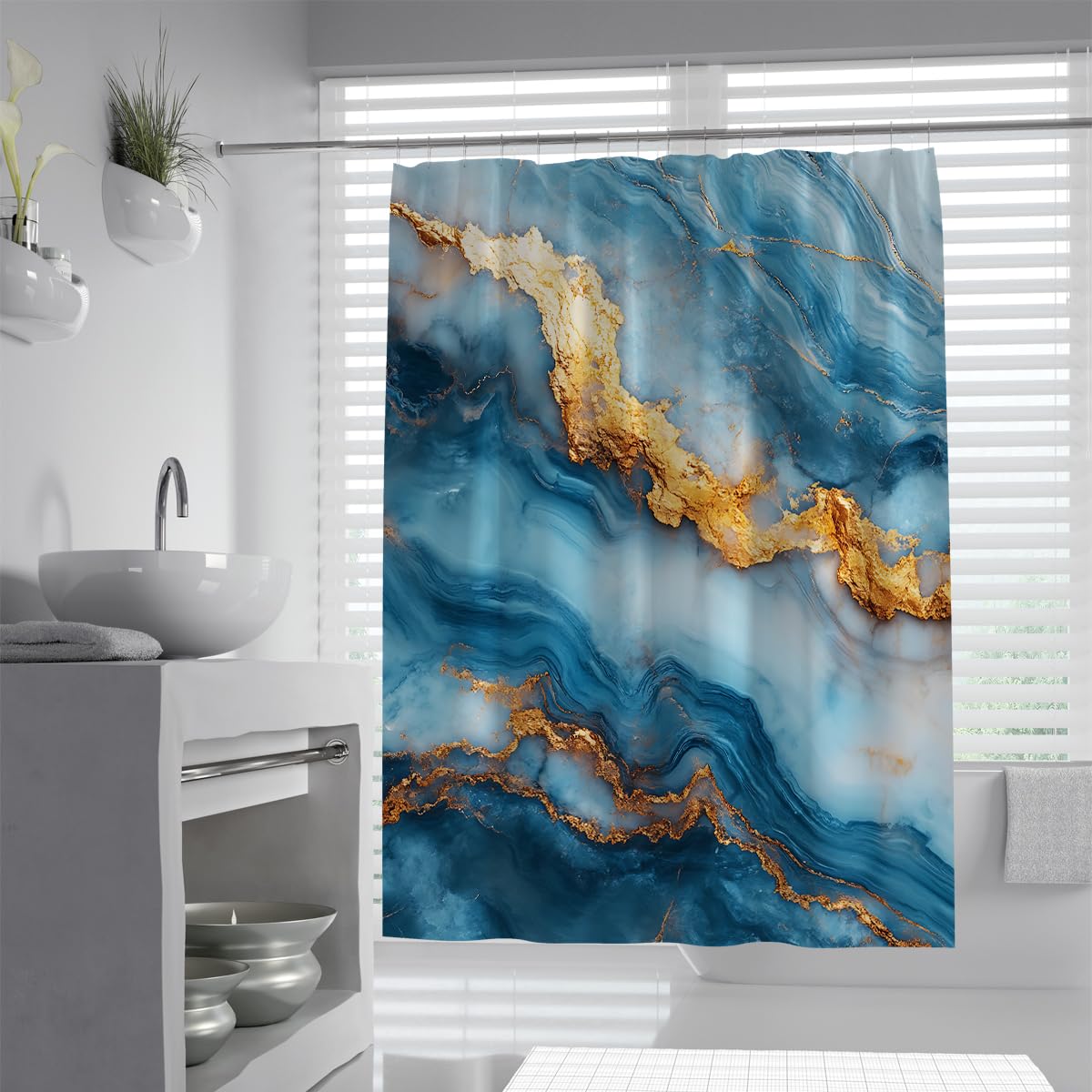 Moderner Luxus-Duschvorhang Abstrakte Marmortextur Badezimmervorhänge für Badewannendekoration Wasserdichter Polyesterstoff Blau Extra lang 180 x 200 cm