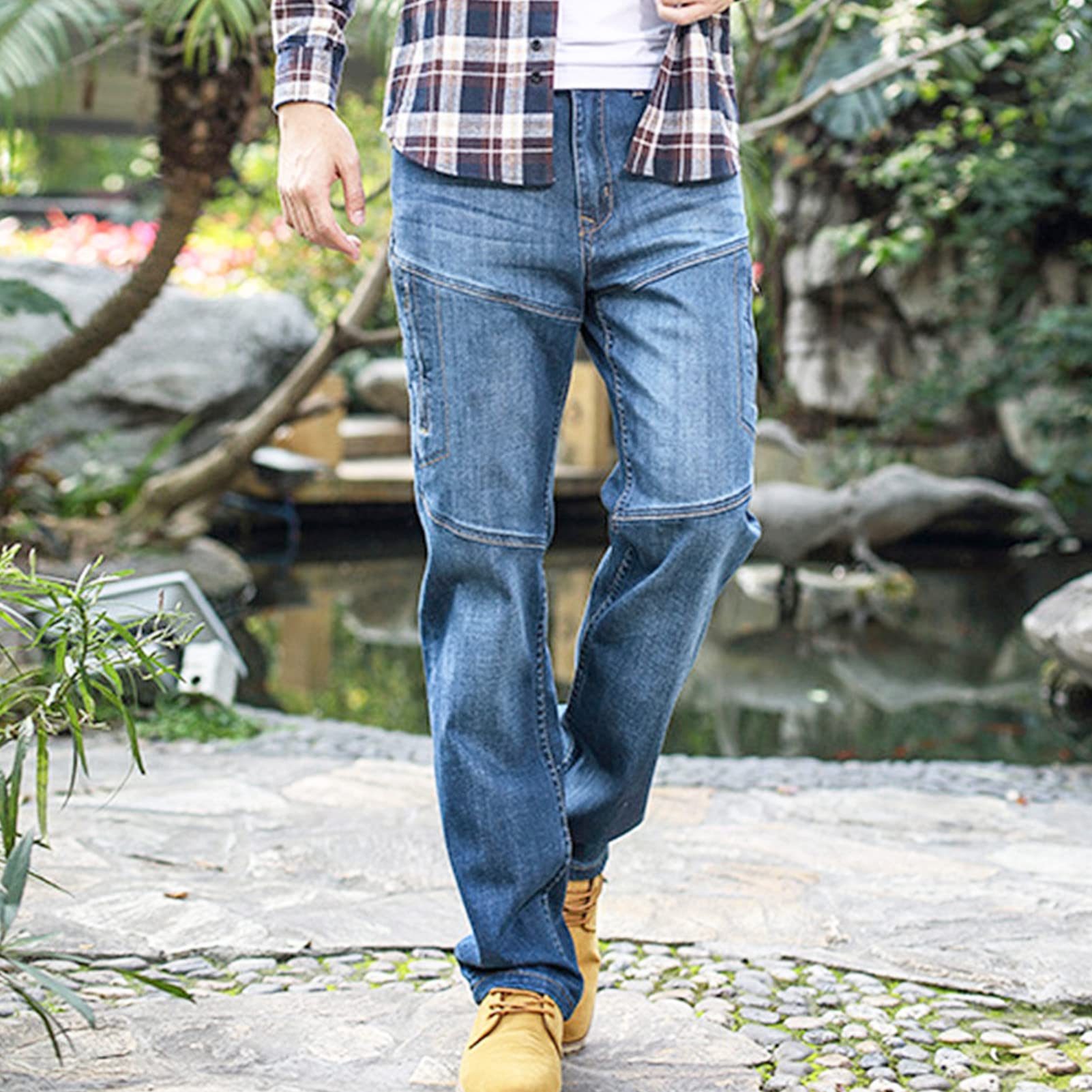 Men's Regular Fit Vintage Jeans Straight Multi Pockets Cargo Denim Pants Casual Zipper Pocket Moto Biker Jean (Light Blue,40)