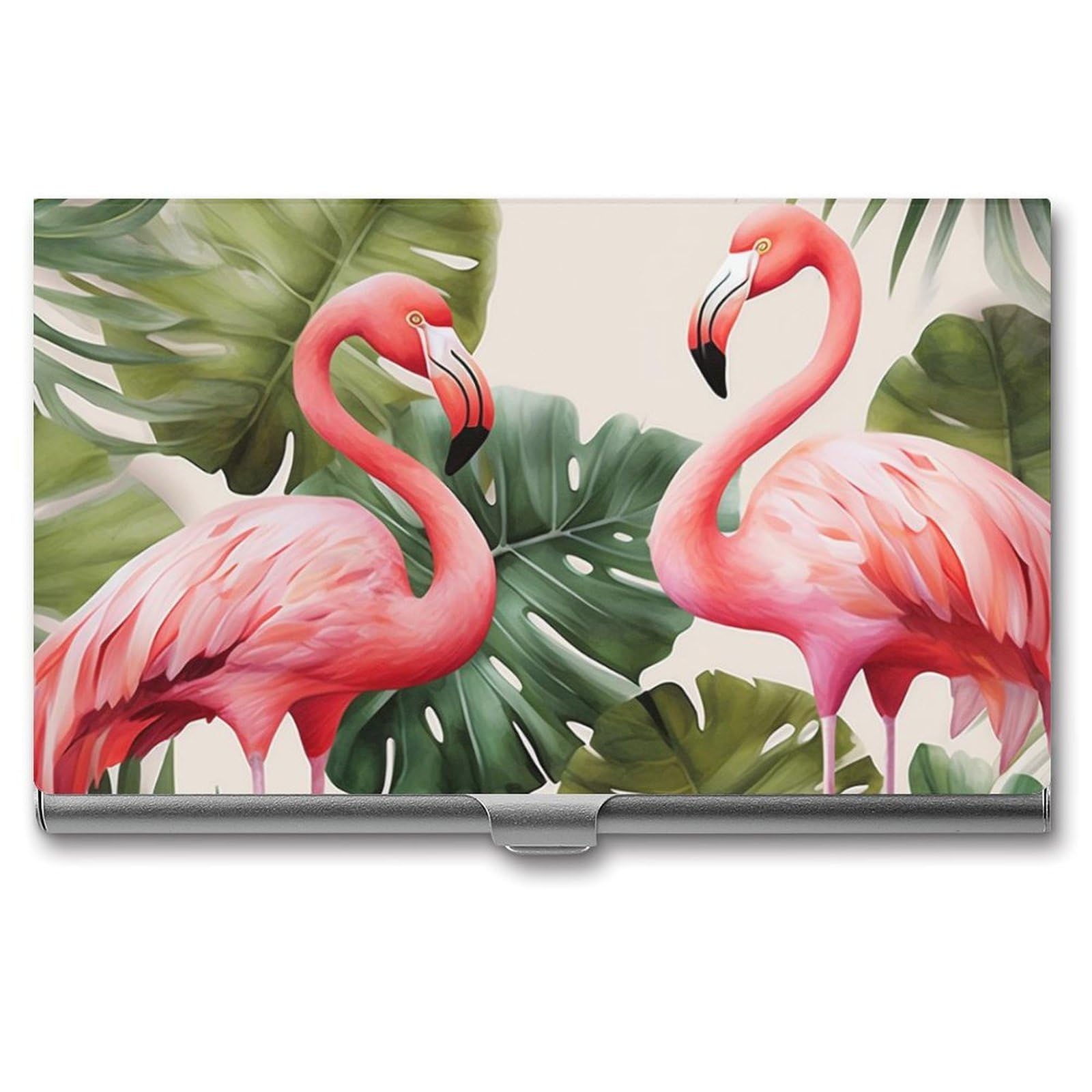 BTCOWZRV Flamingo Palm Trees Leaf Business Card Holder Metal Slim Business Card Case, Pocket Card Holder for Men Women Purse Name Card Holder Stainless Steel Wallet Credit ID Case for Office
