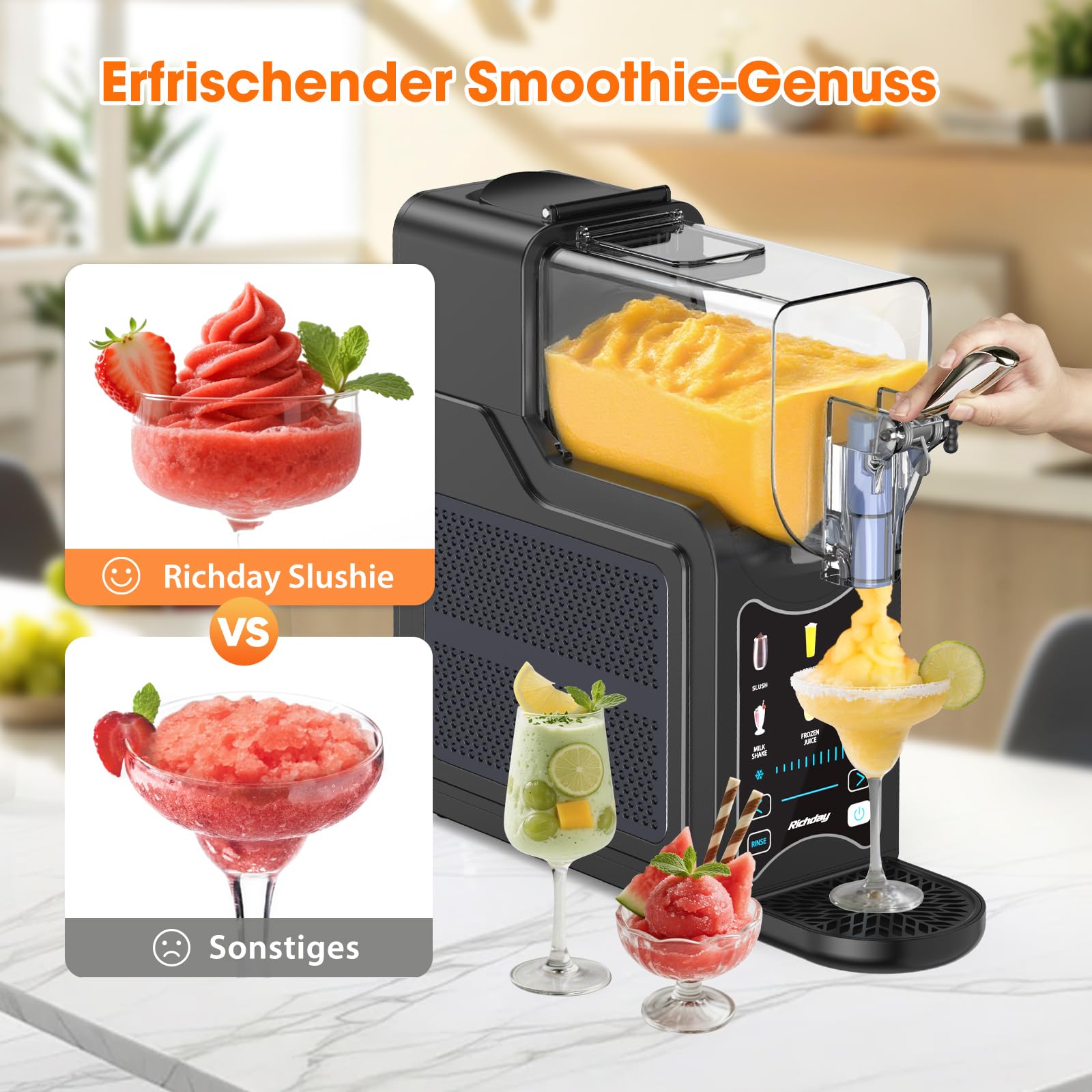 Richday Slush - Macchina per gelato, capacità 2 l, display LED, tecnologia WhisperChill, 6 programmi, per frappé, margarita, gelato morbido