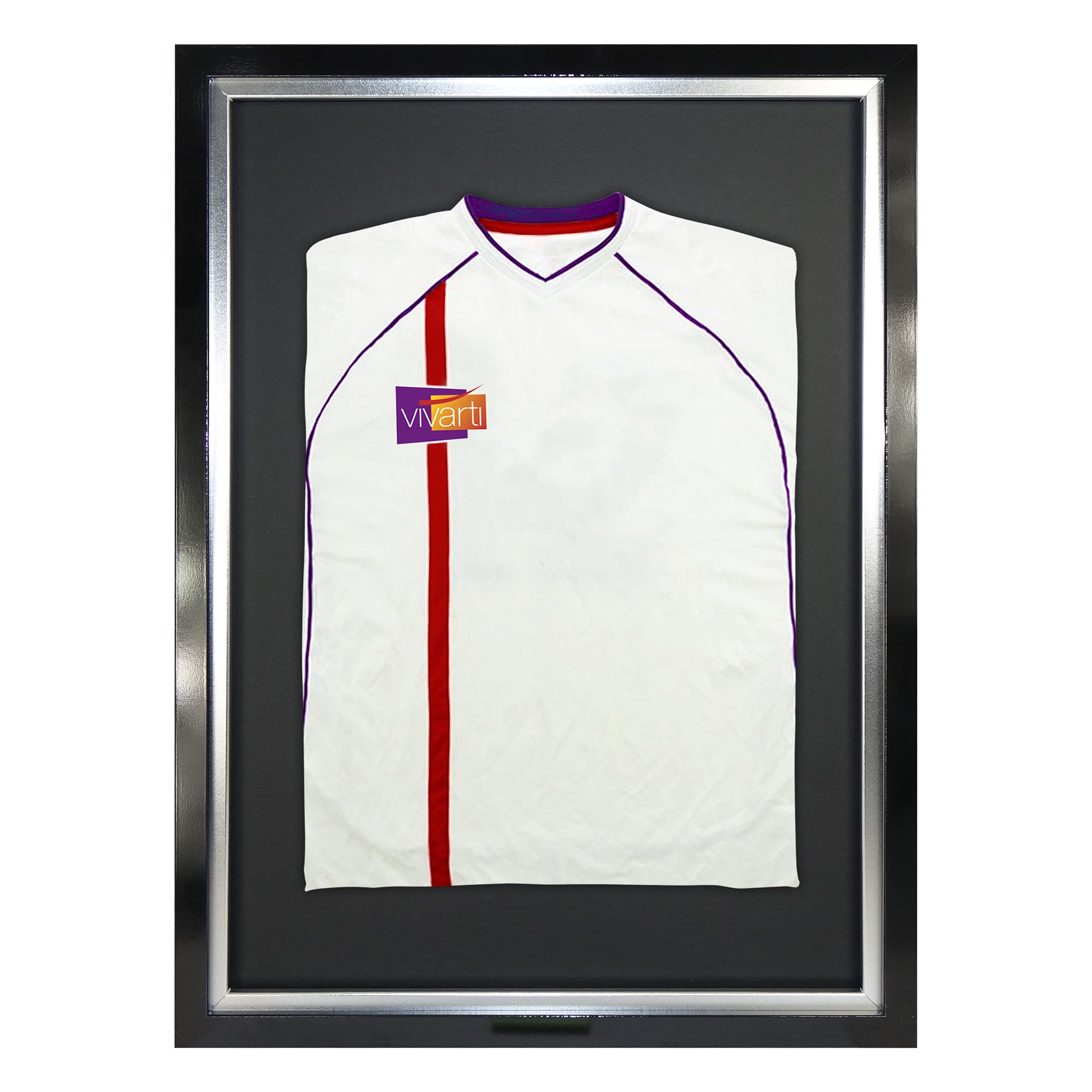 Vivarti Marco de exhibición estándar para camiseta de fútbol, camiseta de rugby, caja de sombra de camiseta de banda, 50 x 70 cm, marco negro brillante, marco interior plateado, tarjeta trasera negra