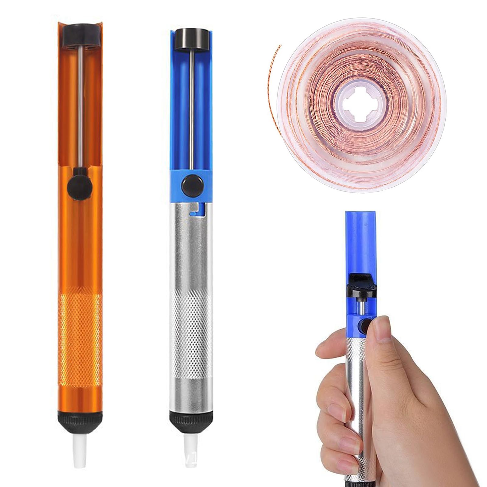 Set 3 Pezzi Pompa Dissaldante Professionale e Treccia in Rame, Succhiastagno Manuale ad Alta Aspirazione (187mm), Strumento per Rimozione Stagno Liquido, Kit Essenziale per Saldatura