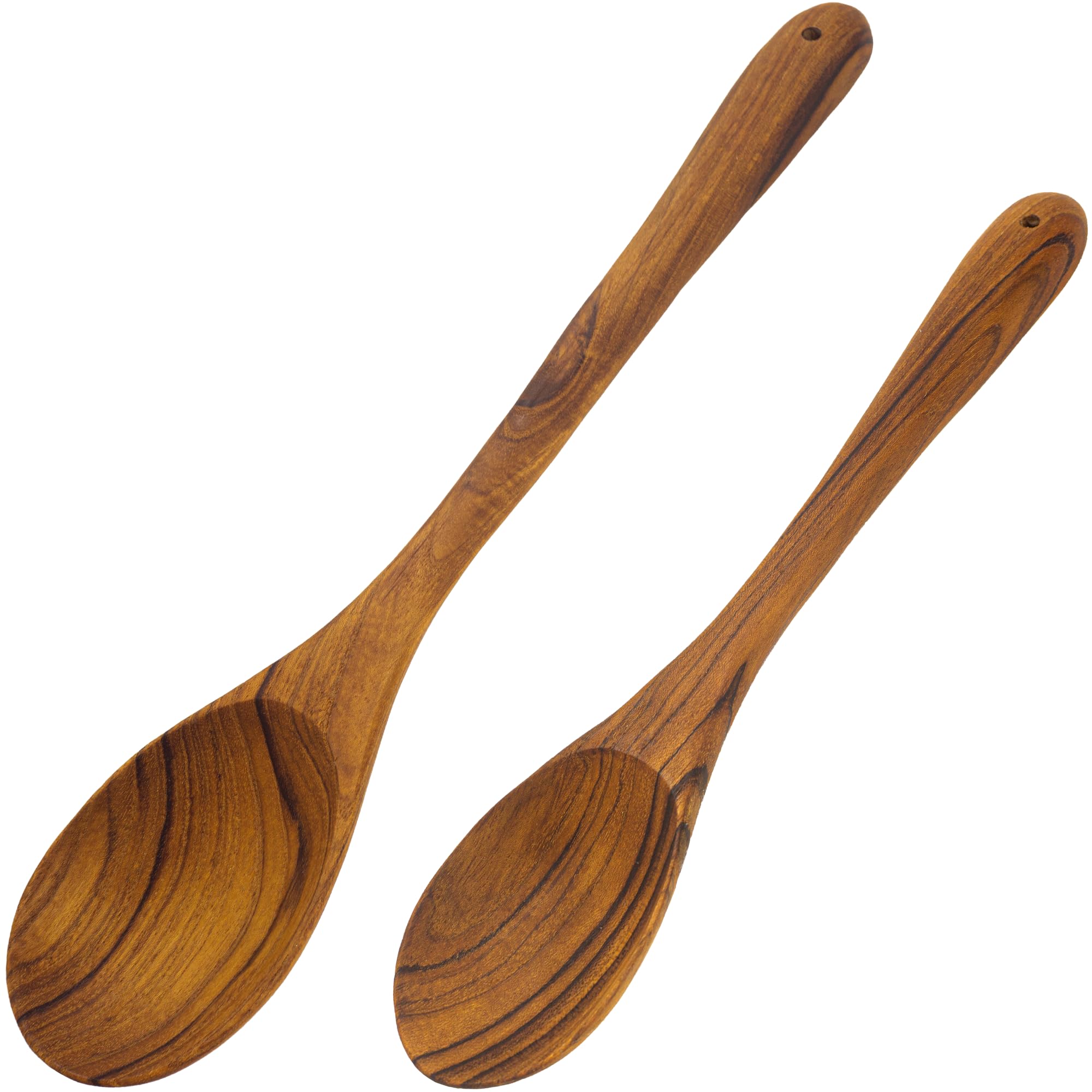 Juego de 2 cucharas de cocina de madera de teca de 12 y 15 pulgadas, mango largo de madera y cuchara grande para ollas, sopa, guiso, salsas, frijoles, preparaciones, mezclas, antiadherente y