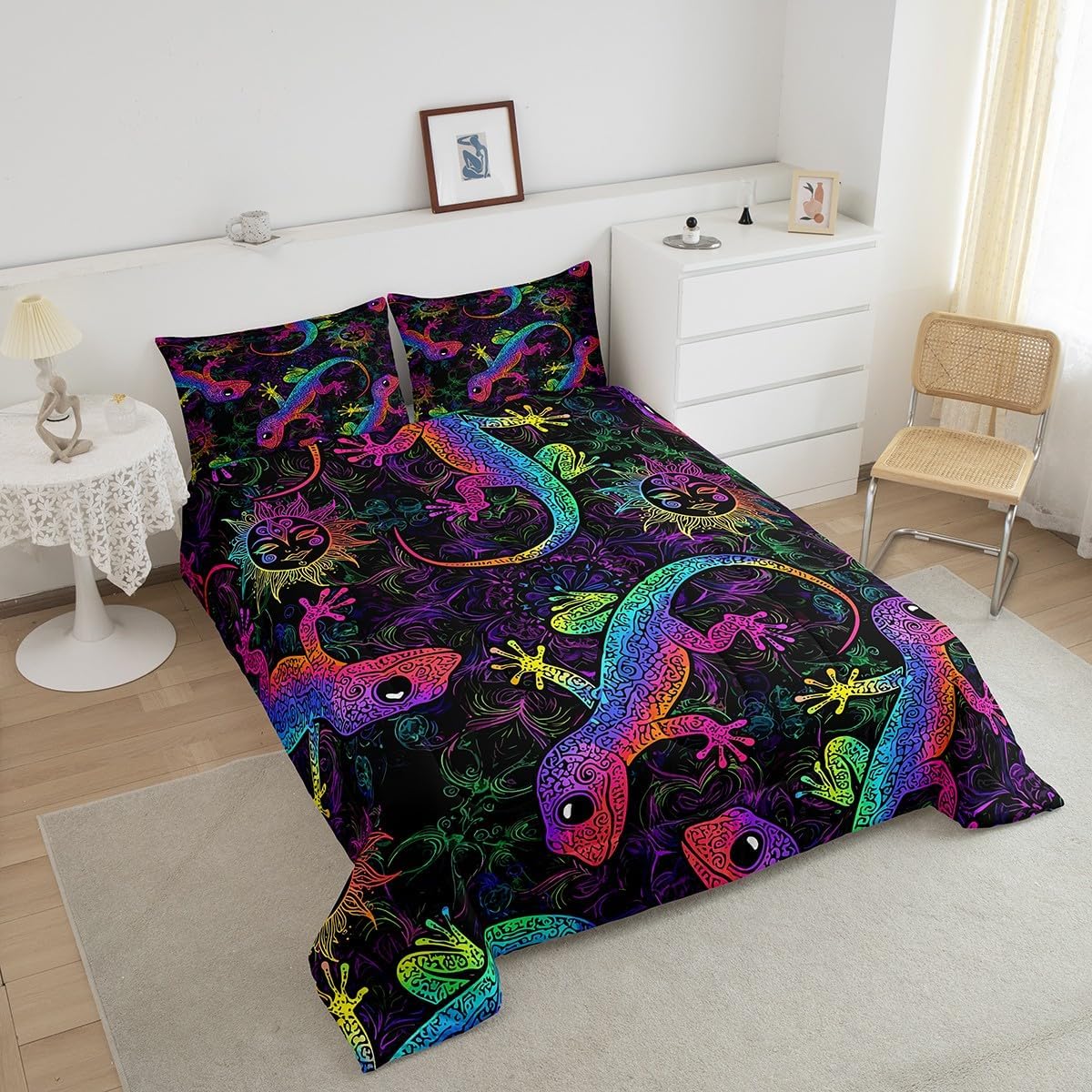 Erosebridal Exotic Lizard Queen Comforter Set Sun and Moon Bedding Set,Mandala Paisley Quilt Bohemian Style Duvet Insert,Psychedelic Reptile Room Decor Aesthetic Green Blue Purple Teal