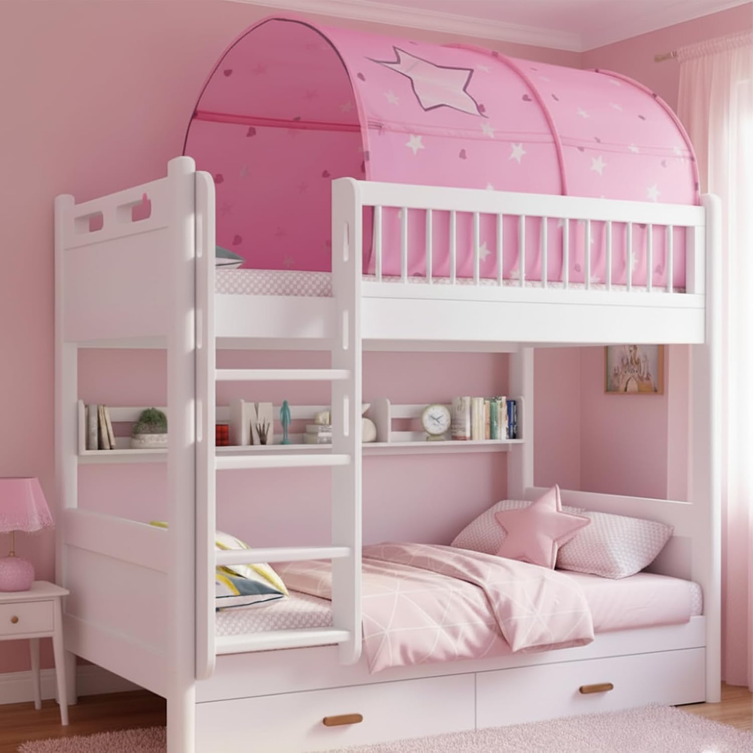 Alvantor Starlight Bed Canopy Dream Kids Play Tents Playhouse Privacy Space Twin Sleeping Indoor Stars Boys Girls Toddlers Pop Up Portable Frame Curtains Pink, Patent Pending