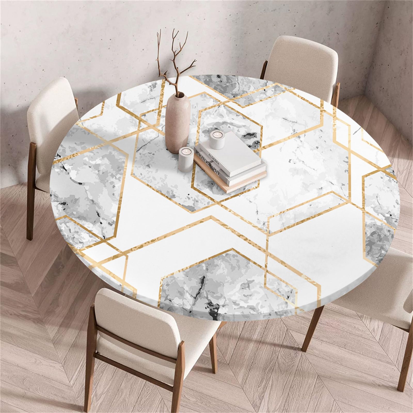 Treer Round Tablecloth, Geometric Texture Wipeable Round Table Cloth, Washable Table Protector, Elastic Edged Fitted Backed Table Cover for Dinning Room Kitchen Picnic Party (Gray,120cm)