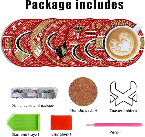 Miniatura 2 de Bartogro Juego de 8 posavasos de pintura de diamantes, posavasos de arte de diamantes de fútbol con soporte para adultos y niños de San Francisco