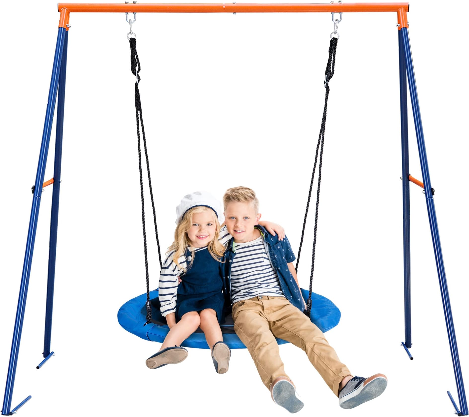 SUPER DEAL Outdoor Kids Swing Set 40 inch Saucer Swing with Frame Combo, Saucer Tree Swing and Heavy Duty Steel A Frame Playset for Backyard, 4 Ground Stakes and Adjustable Ropes, 440 lbs Blue