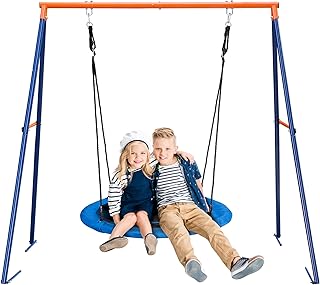 SUPER DEAL Outdoor Kids Swing Set 40 inch Saucer Swing with Frame Combo, Saucer Tree Swing and Heavy Duty Steel A Frame Playset for Backyard, 4 Ground Stakes and Adjustable Ropes, 440 lbs Blue