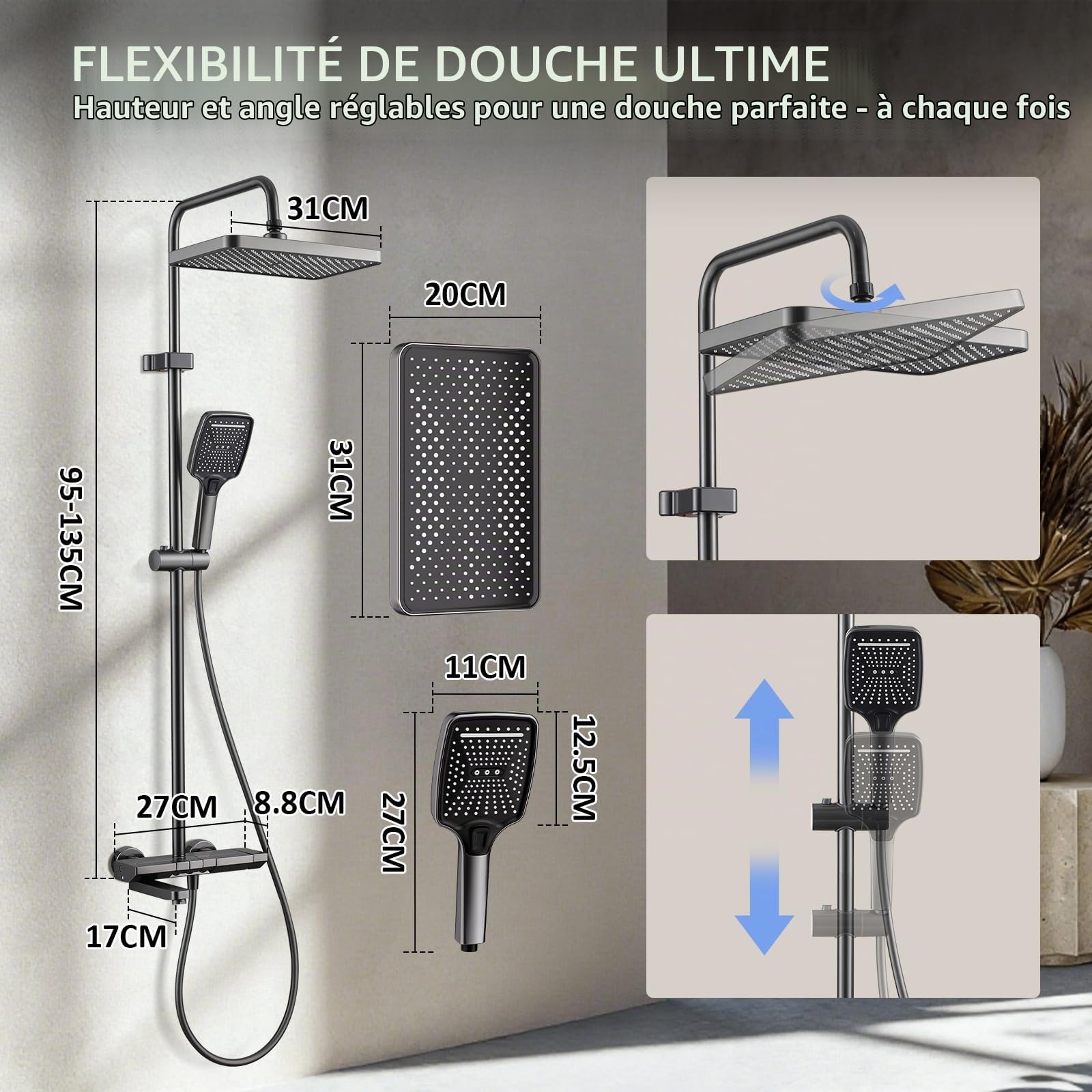 Colonne de Douche, 3 in 1 Kit Douche Complet LED Affichage Numérique, 31x20CM Tête de Pluie, Douchette et Robinet de Baignoire Rétractable, Colonne Douche Hydromassage avec Barre de Douche 135cm