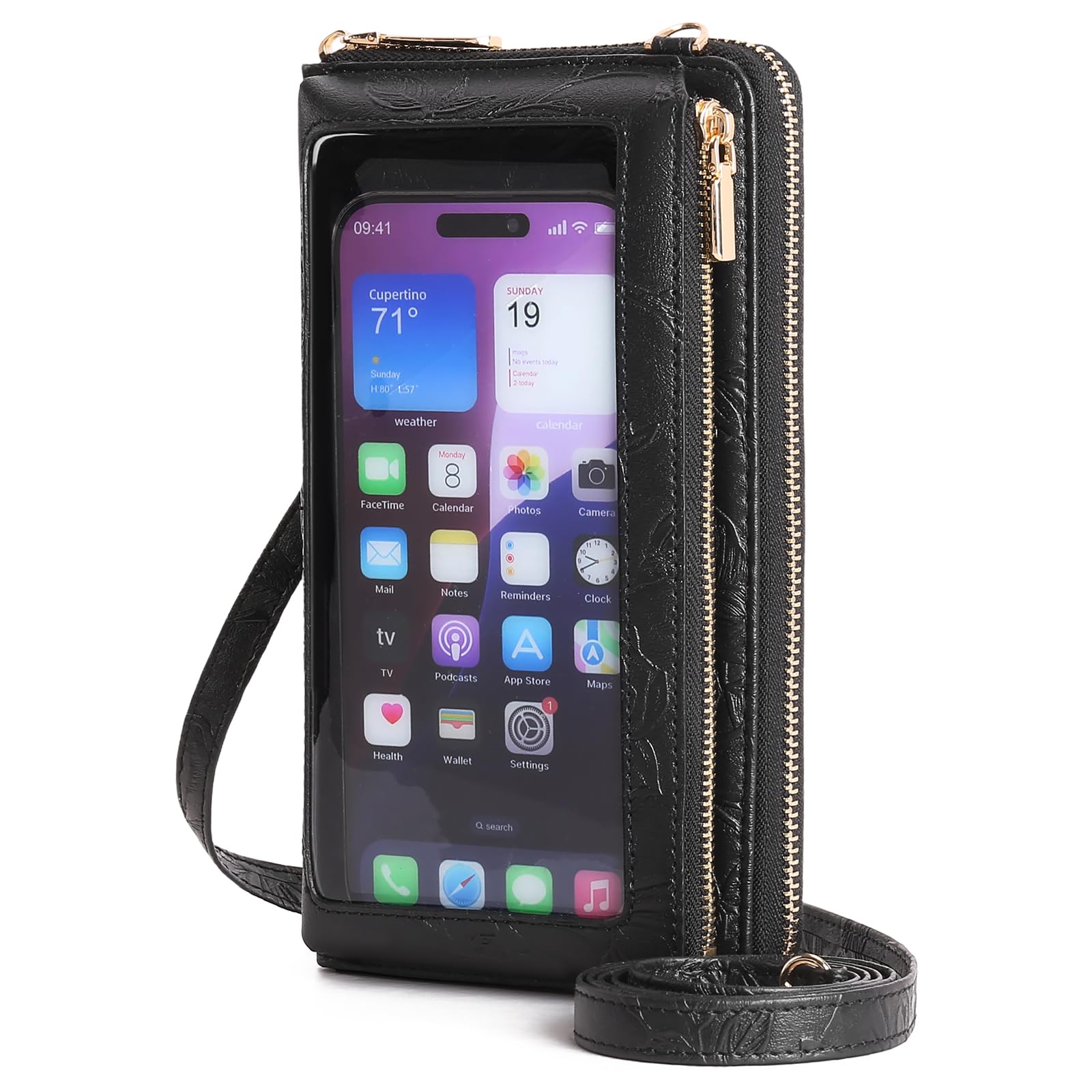 GOIACII Borsa a tracolla da donna in pelle, con touchscreen, da appendere, A09 nero in rilievo