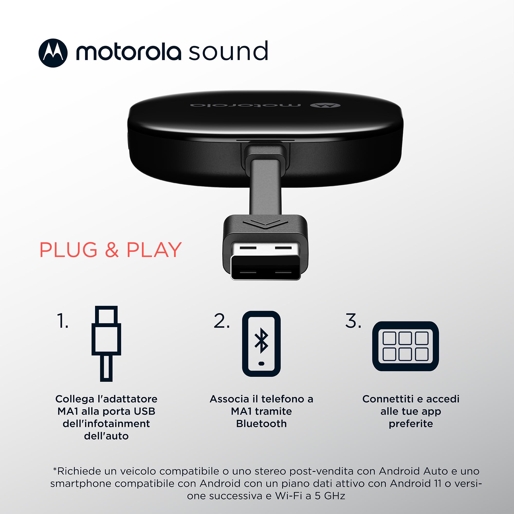 Motorola Sound MA1 - l'unico Google autorizzato Wireless Android Auto Car Adapter - Connessione istantanea dallo smartphone allo schermo dell'auto con facile configurazione