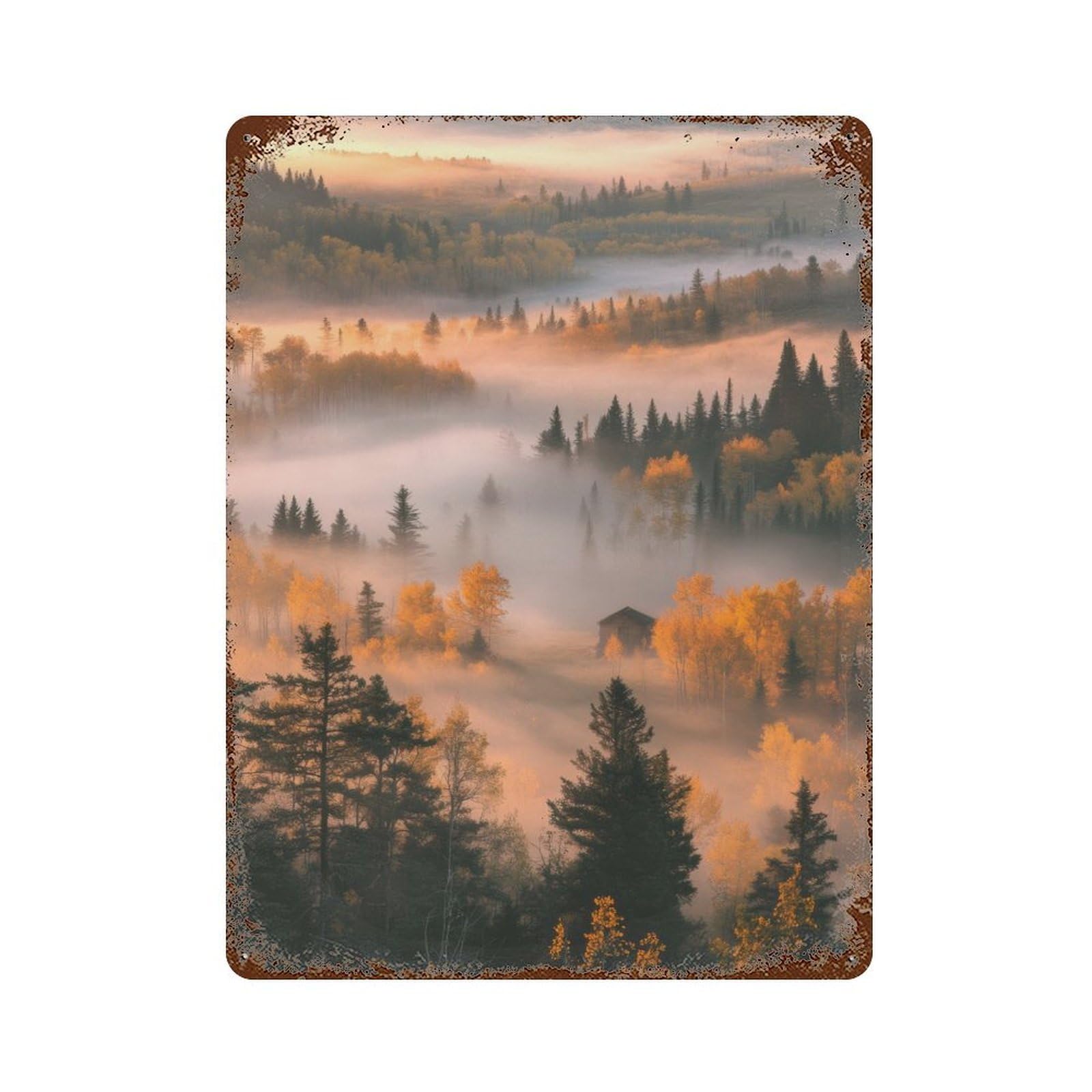 Vintage Rust Metal Sign Misty Forest Sunrise 15.7"x11.8", Decorative Metal Wall Art for Basement, Hobby Room And Garage Decor