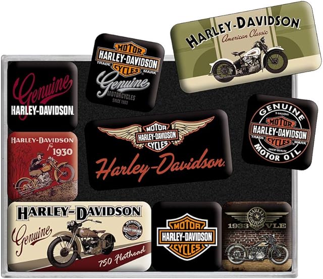Nostalgic Art, Retro-Style Fridge Magnets, Harley-Davidson Bikes  Gift for motorcycle fans, Magnet set for notice board, vintage design, 9 pieces