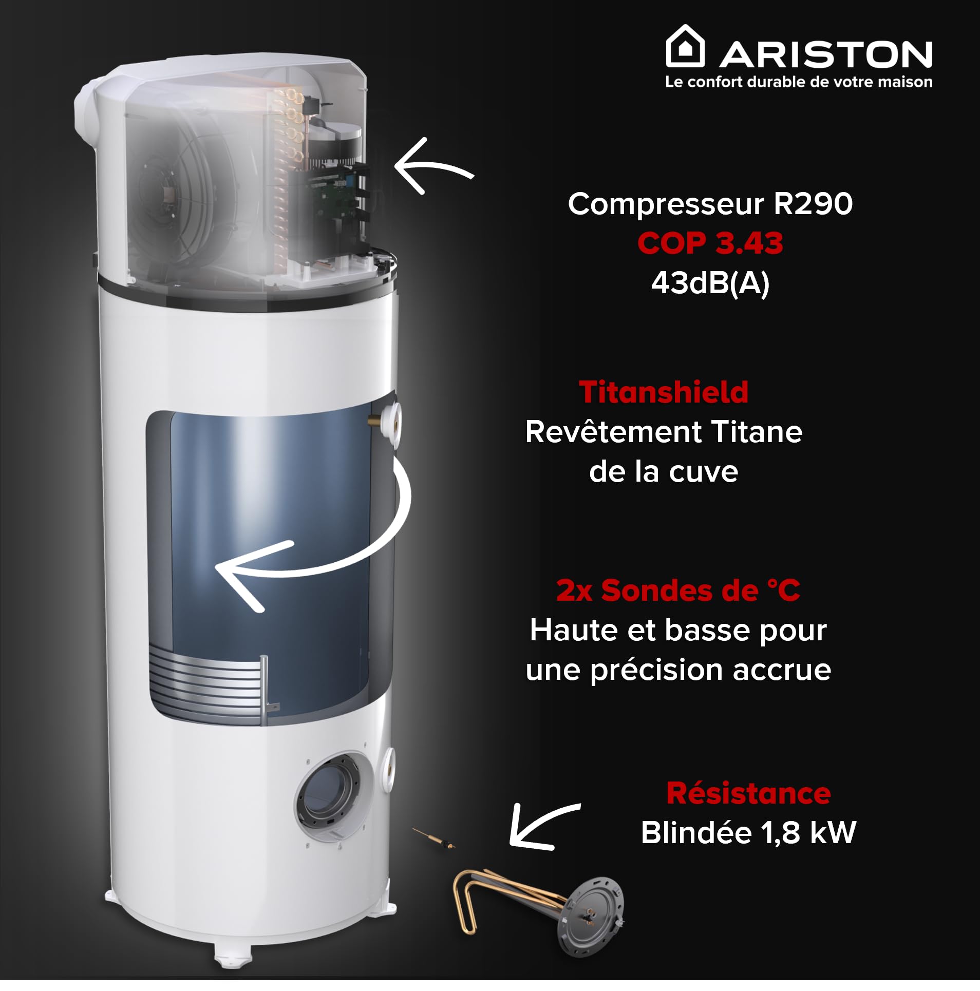 Ariston NUOS PLUS S2 WIFI 200L, Chauffe-eau Thermodynamique Gainable A+, 80% d'Économie, COP 3.43 à 7°C, ACI Cuve Titane, Made in France