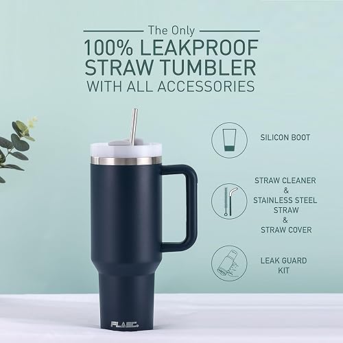 Miniatura 2 de Vaso de 40 onzas con asa y pajilla, vaso aislado 100% a prueba de fugas con tapa y pajilla, incluye todos los accesorios popote de acero inoxidable,