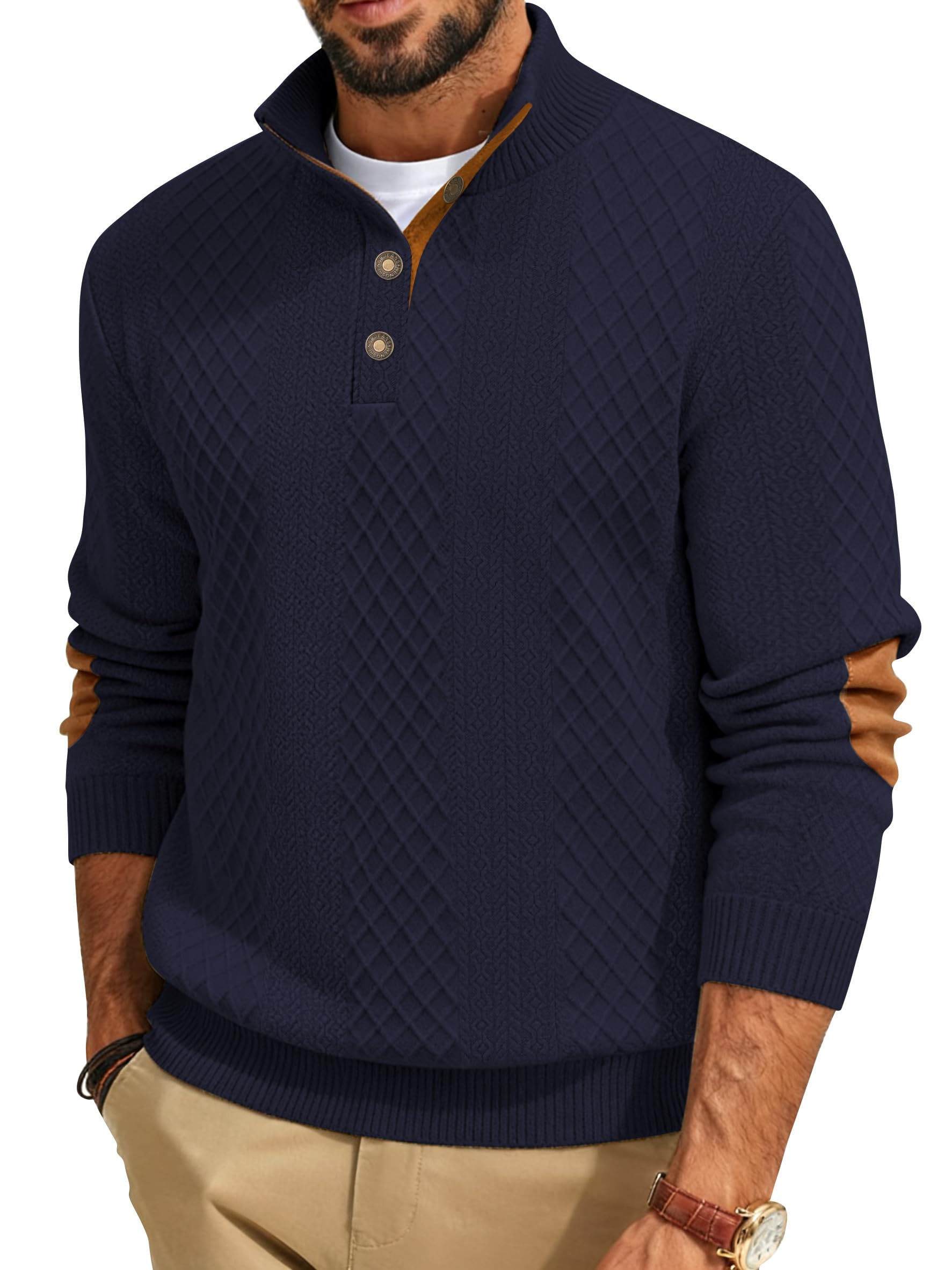 Men's Block Striped Sweatshirt Casual Outdoor Long Sleeve Stand Collar Pullover Sweatshirt Button Quarter Sweater