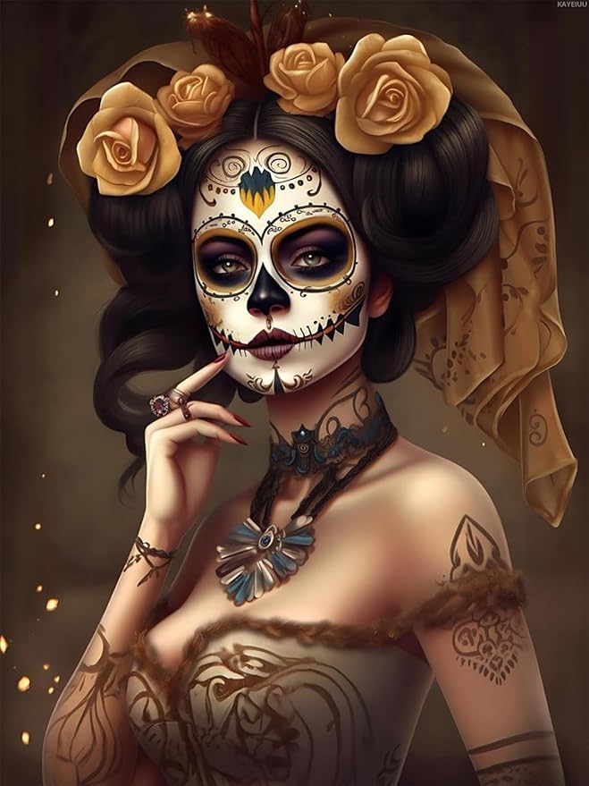 Golden Sugar Skull Diamond Painting, Sugar Skull Diamond Painting Kits, 5D DIY Diamond Painting Kits for Adults Diamond Art, for Room Home Wall Decor Gift 12x16 inch