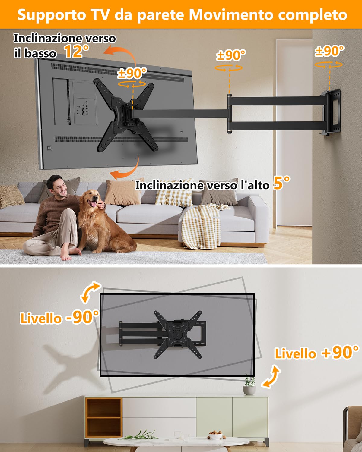 Staffa da parete TV a Lunga Portata con Rotazione di 90° con Bracci Articolati da 1219mm, Staffa per Montaggio a Parete Full Motion per TV e Monitor da 26-65 Pollici, Carico 45kg, VESA 400x400mm
