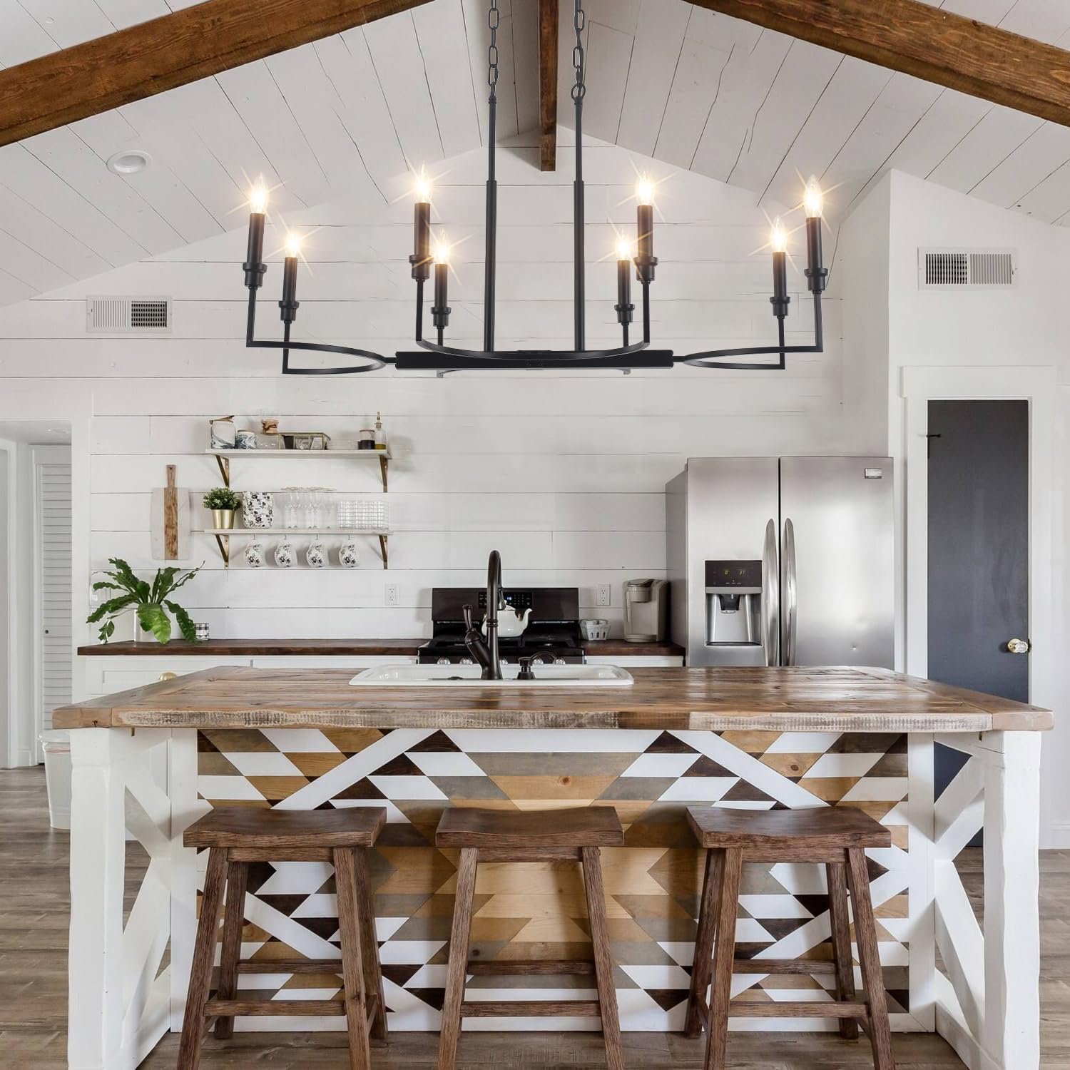 8-light black chandelier, farmhouse dining room light fixtures over table, metal candle rectangular chandelier light fixture dining retro kitchen island lighting living room entryway37in