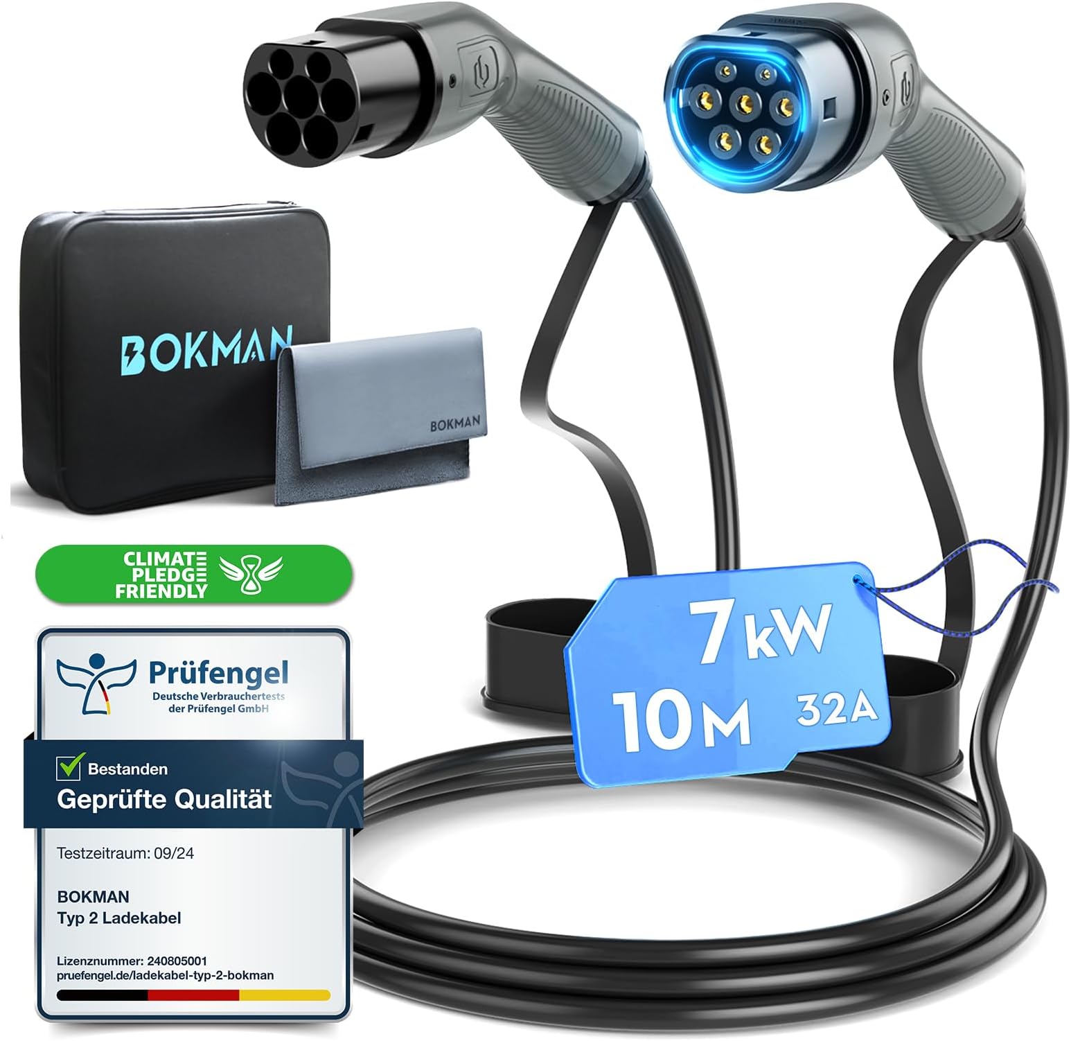 bokman Type 2 EV Charging Cable, Mode 3 / 32A / 7.2KW / 1 Phase / 10 Meter, Electric Vehicle Car Plug-in Hybrid Type 2 to Type 2 Fast Charging Cable