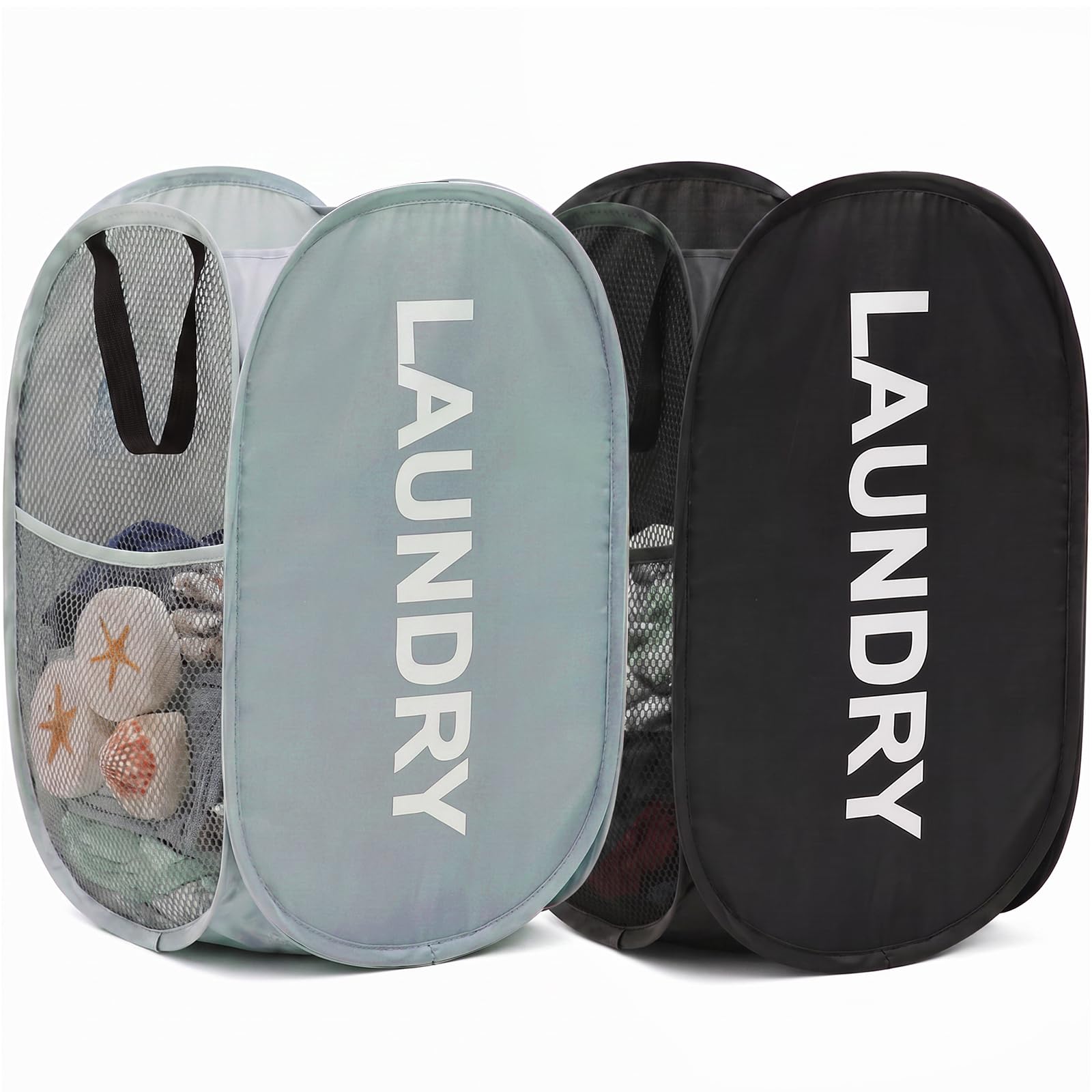 ANVINKU Pop Up Laundry Basket, 2PCS Foldable Washing Basket, Black and Grey