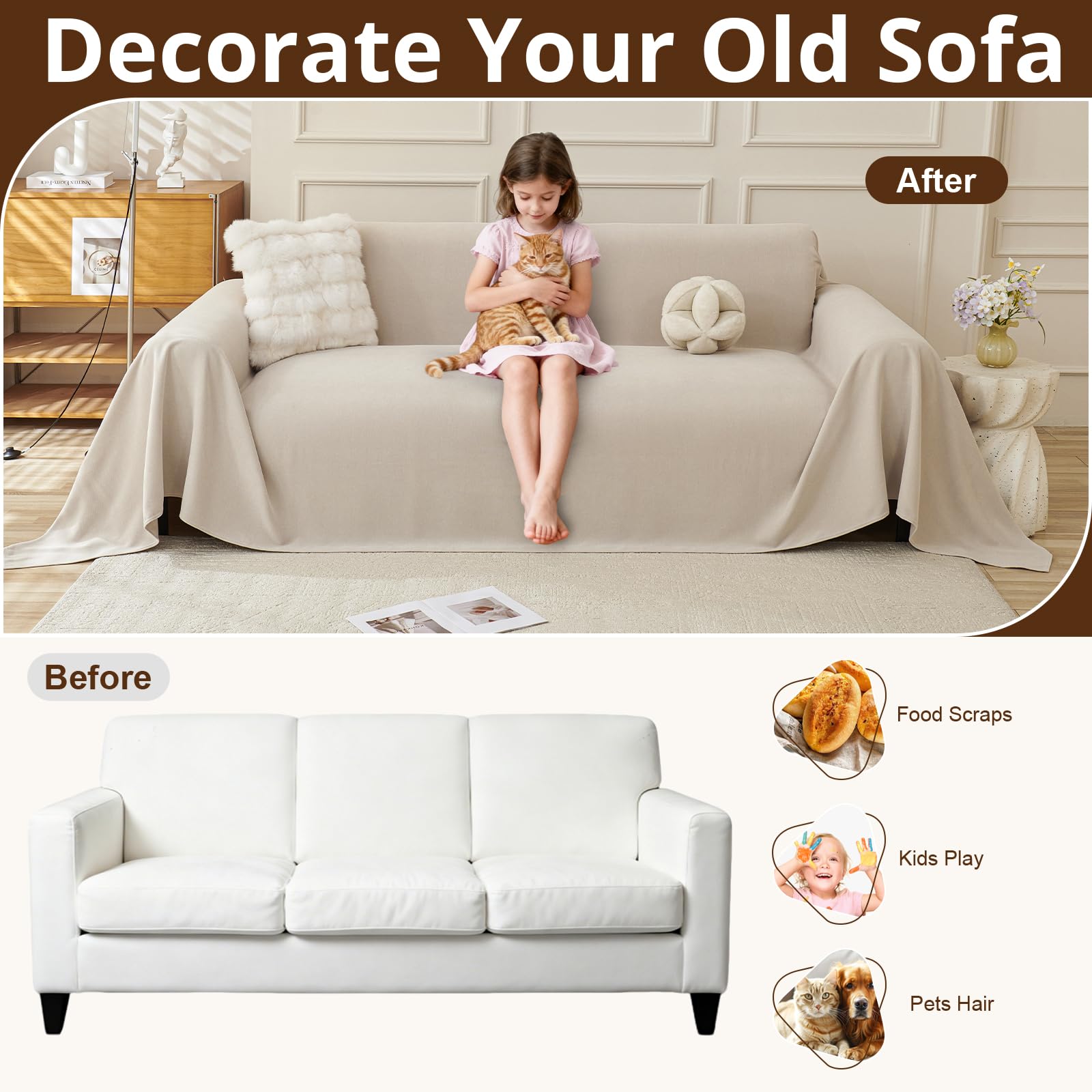 Royhom Impermeable Funda Sofa 2 Plazas, Protector Sofa Gatos Arañazo, Universal Fundas Sofá Antimanchas, Manta Impermeable, Suave y Cómoda - Versión Mejorada, Caqui, 260x180 cm