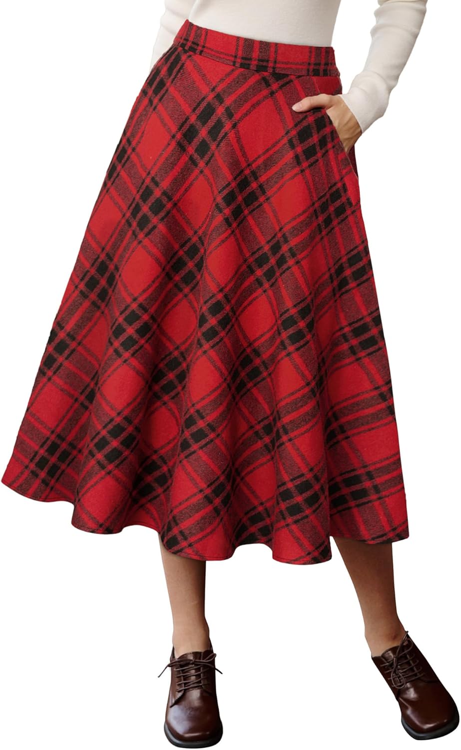 Belle Poque Women Plaid Skirt with Pockets Midi Length High Elastic Waisted Vintage A Line Fall Winter Skirts for Work - Image 8