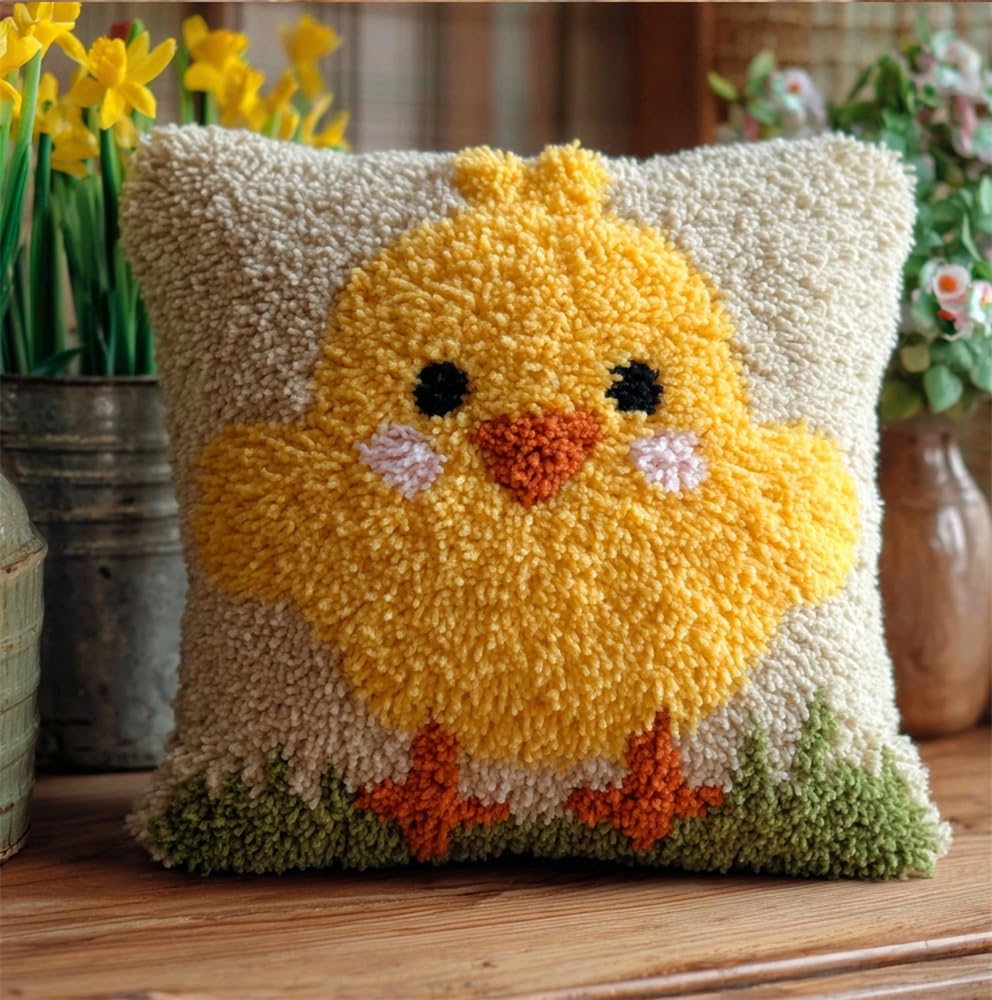 kitphoenix DIY Latch Hook Kits,Cute Chick 17X17Inch Needlepoint Pillow Kit, Half Cross Stitch Kit, Embroidery Kit, Latch Hook Cushion Cover Hobby & Crafts