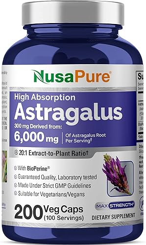 NusaPure Astrágalo 6000 mg por porción | 200 cápsulas vegetales | Extracto 20:1 | Sin OMG y sin gluten | Bioperine
