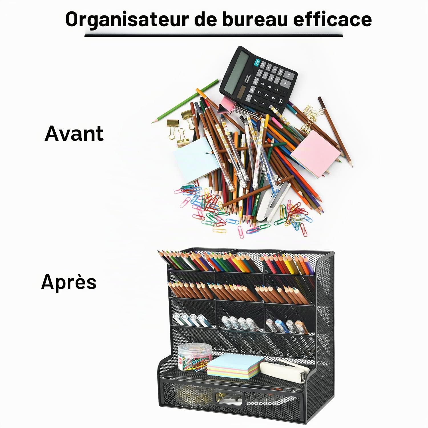 Marbrasse Organiseur de Bureau en Maille,Porte-Stylos Multifonction,Organiseur de Bureau pour Fournitures,Scolaires,Maison(Porte-Plume Noir avec Tiroir)