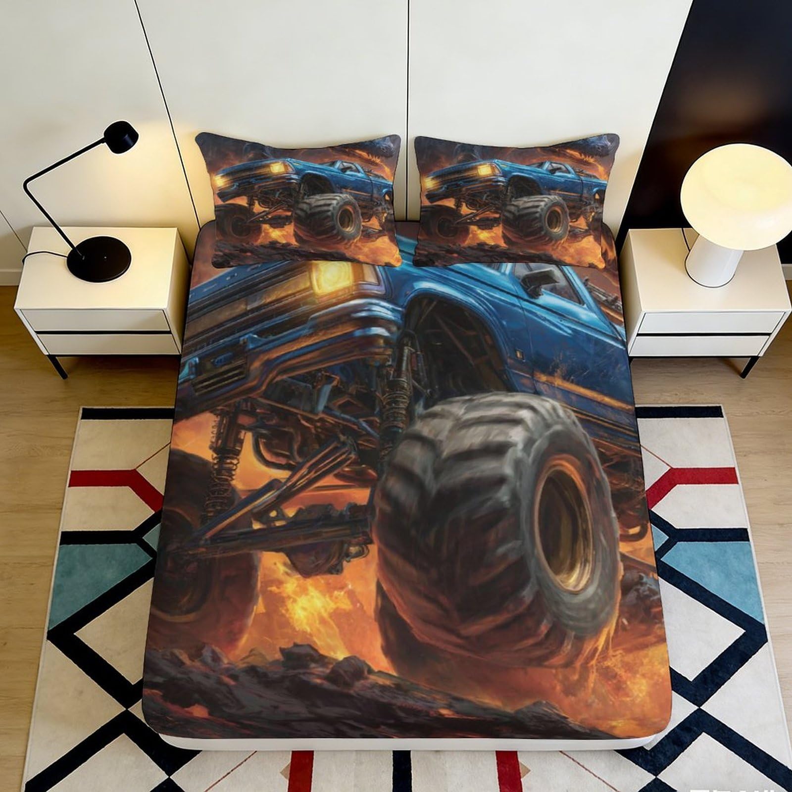 Pnayamiorkfel Style-1 3D Printed Monster Truck Fitted Sheet Microfiber Soft Breathable Fire Wheels Bed Cover For Bedroom Dorm Decor 90X200x25cm
