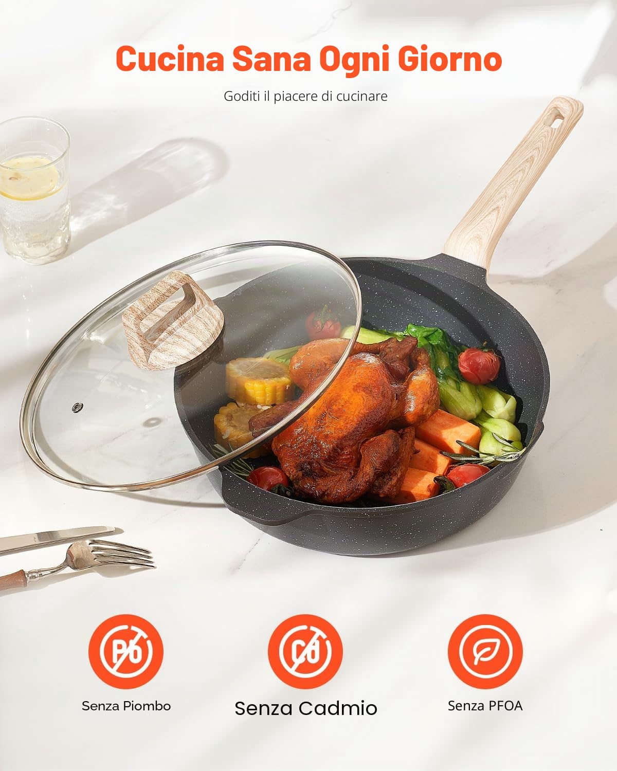 VEVOR Set di Pentole, Padelle Antiaderenti in Granito con Manico, Set di Pentole a Induzione da Cucina per Camper, con Frittura, Coperchi in Vetro Temperato, Nero 17 Pezzi