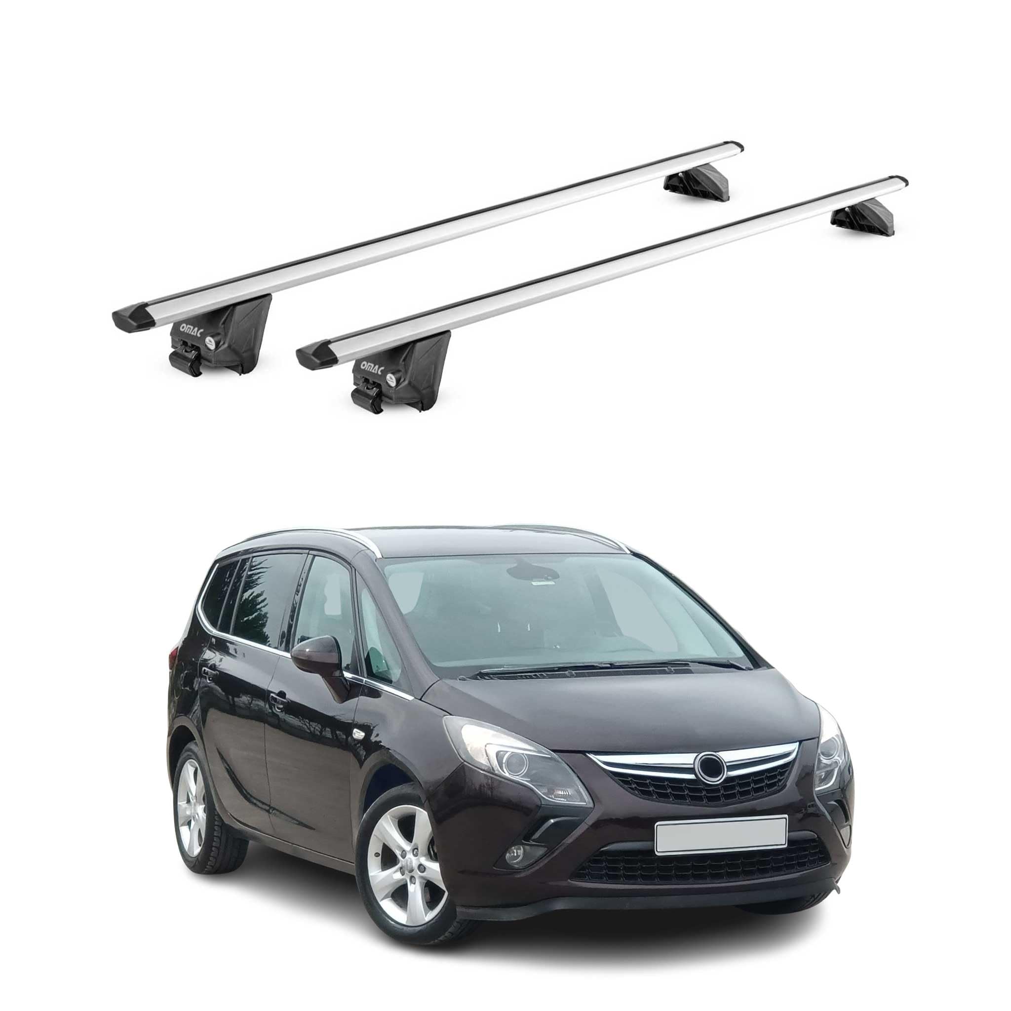 OMAC Barres de Toit Aluminium certifiées TÜV pour Opel Zafira C Tourer 2011-2019 – pour Rails de Toit intégrés – Rainure en T – Charge Max 100 kg – 2 antivols Argent