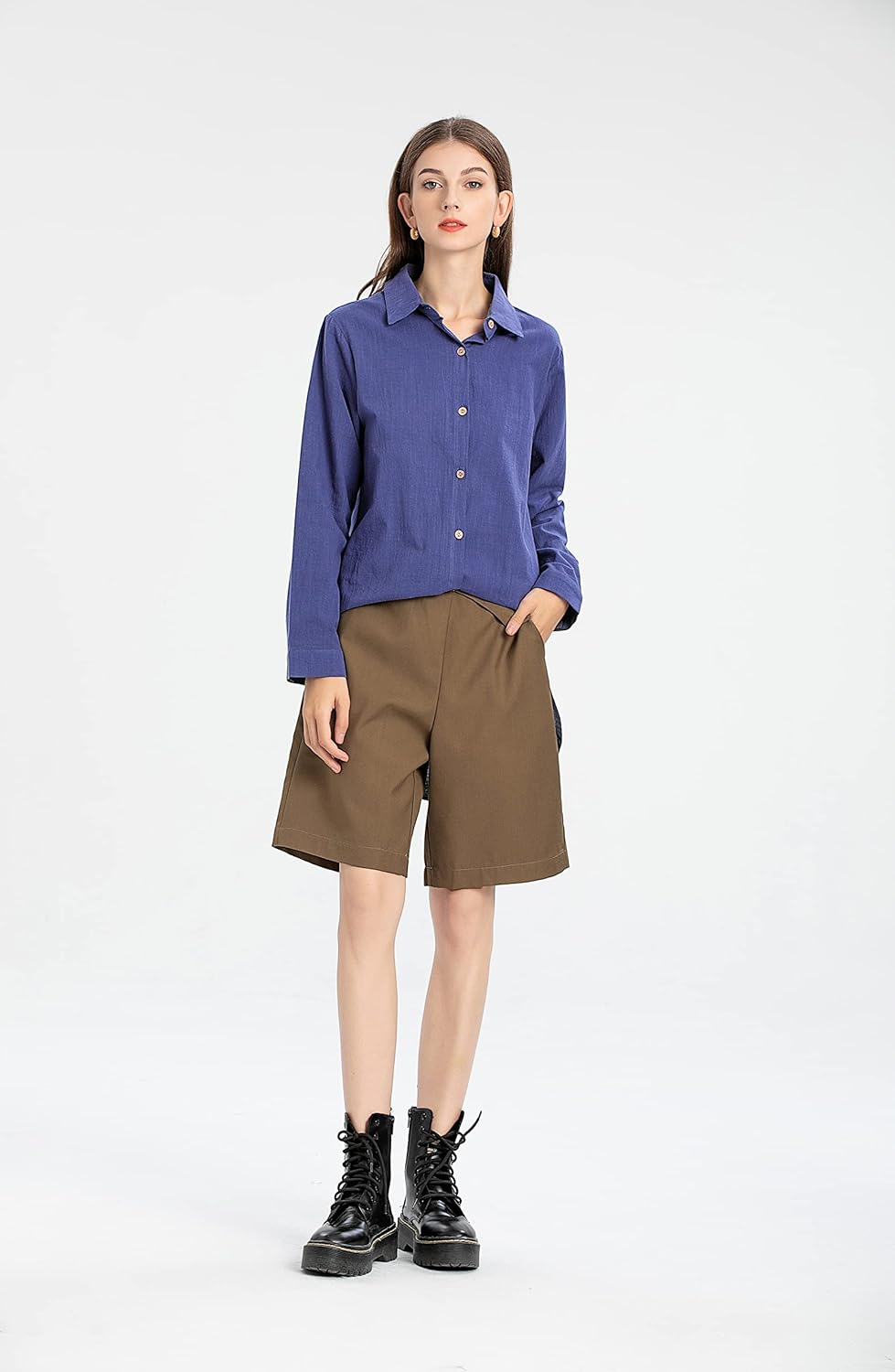 Minibee Women's Cotton Shirts Tunics Hi Low Tops Boyfriend Button Down Blouse - Image 5