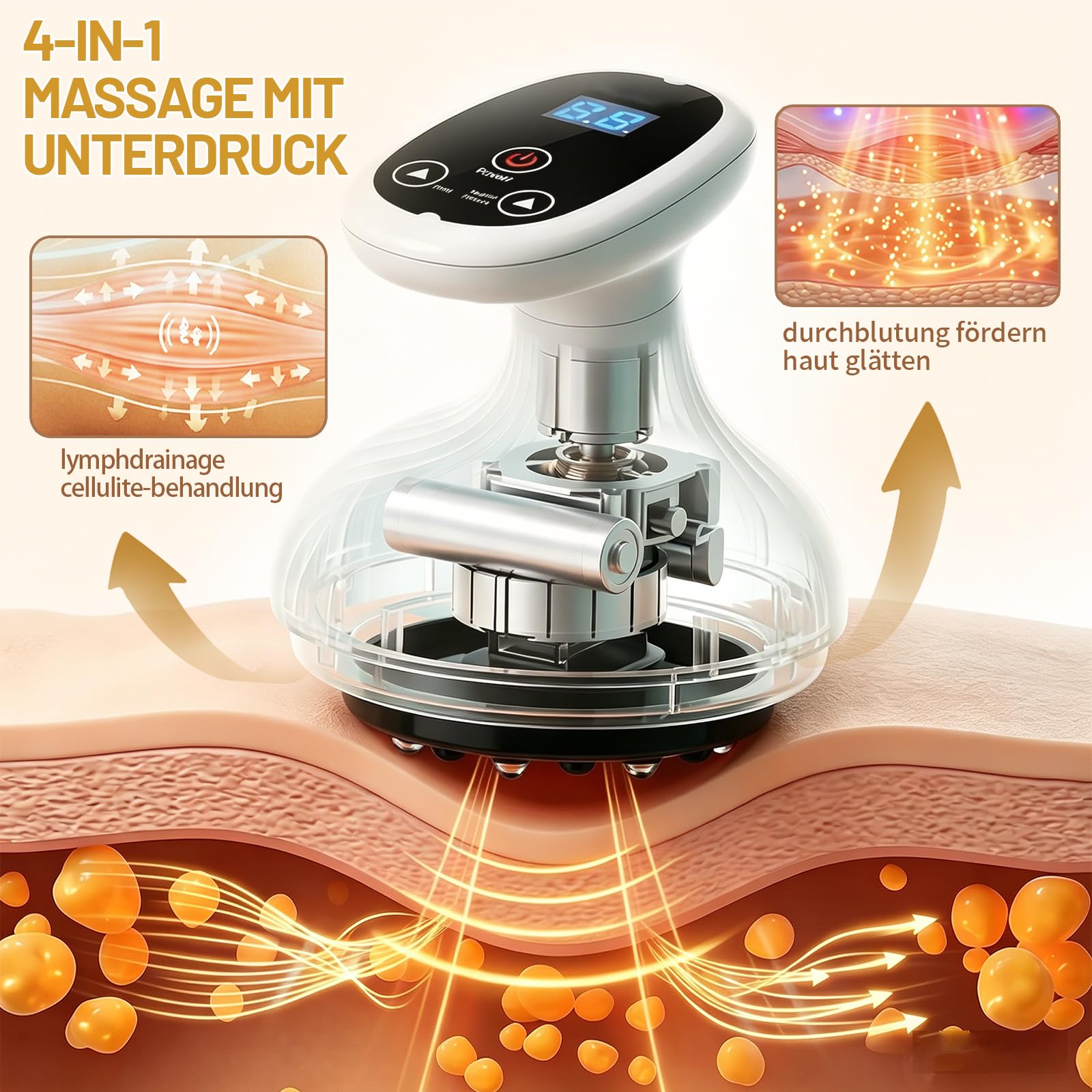 Cellulite Massagegerät, 4-in-1 Anti Cellulite Vakuum Massagegerät, Gua Sha Elektrisch Massager mit 9 Saugstufen & Wärmetherapie, für Körperstraffung, Lymphdrainage & Durchblutung