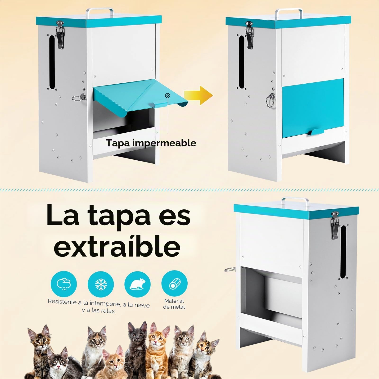 Dispensador Comida Gatos con Comedero Elevado, 10L, Alimentador para Mascotas Integramente de Metal, Tolva para Varios Gatos, Robustos, a Prueba de Lluvia y Nieve