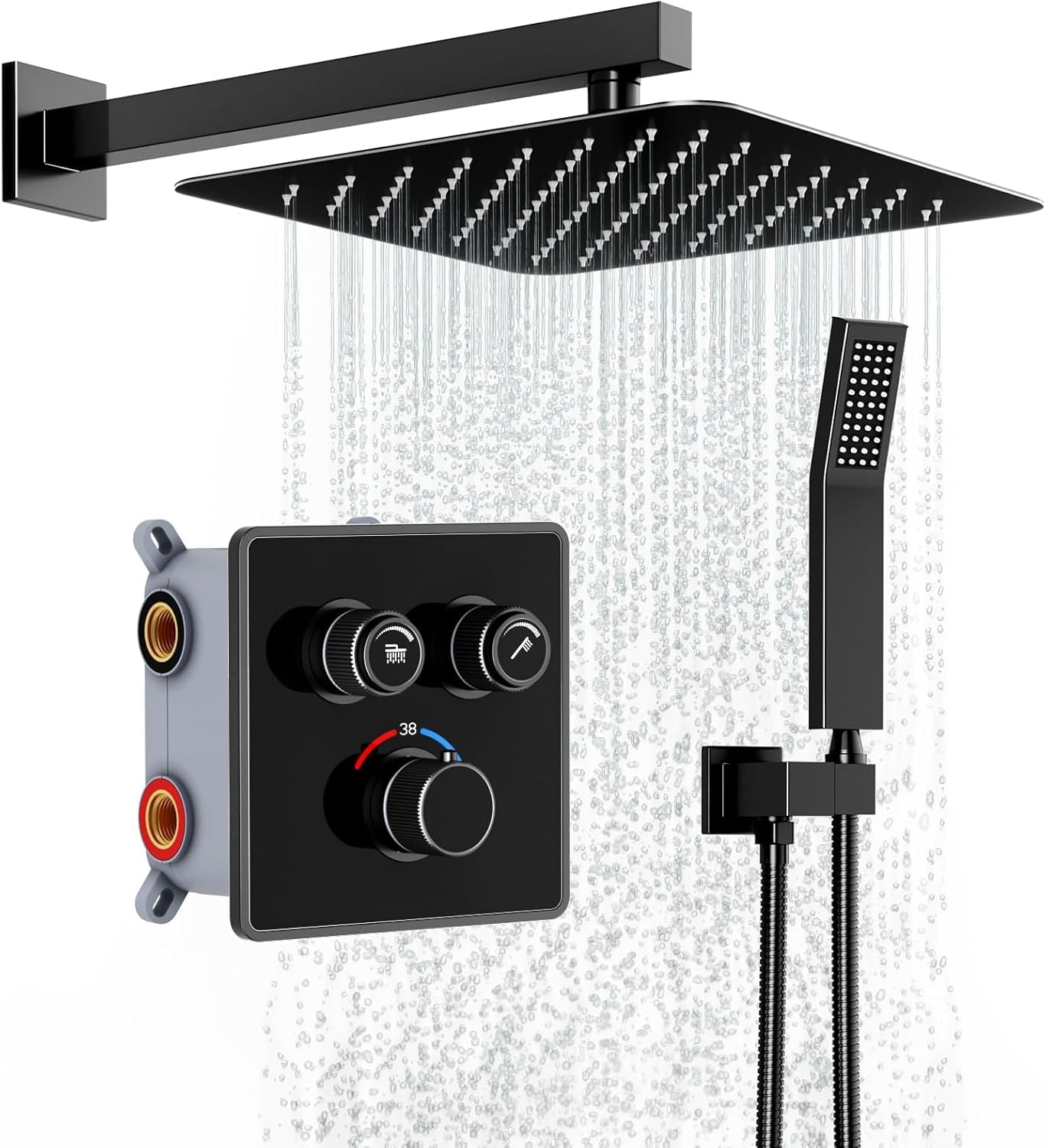 Rainsworth System prysznicowy podtynkowy z termostatem, 38℃, czarny, regulowany przepływ wody, podtynkowa armatura prysznicowa zestaw z deszczownicą 30 x 30 cm, zestaw prysznicowy ze słuchawką