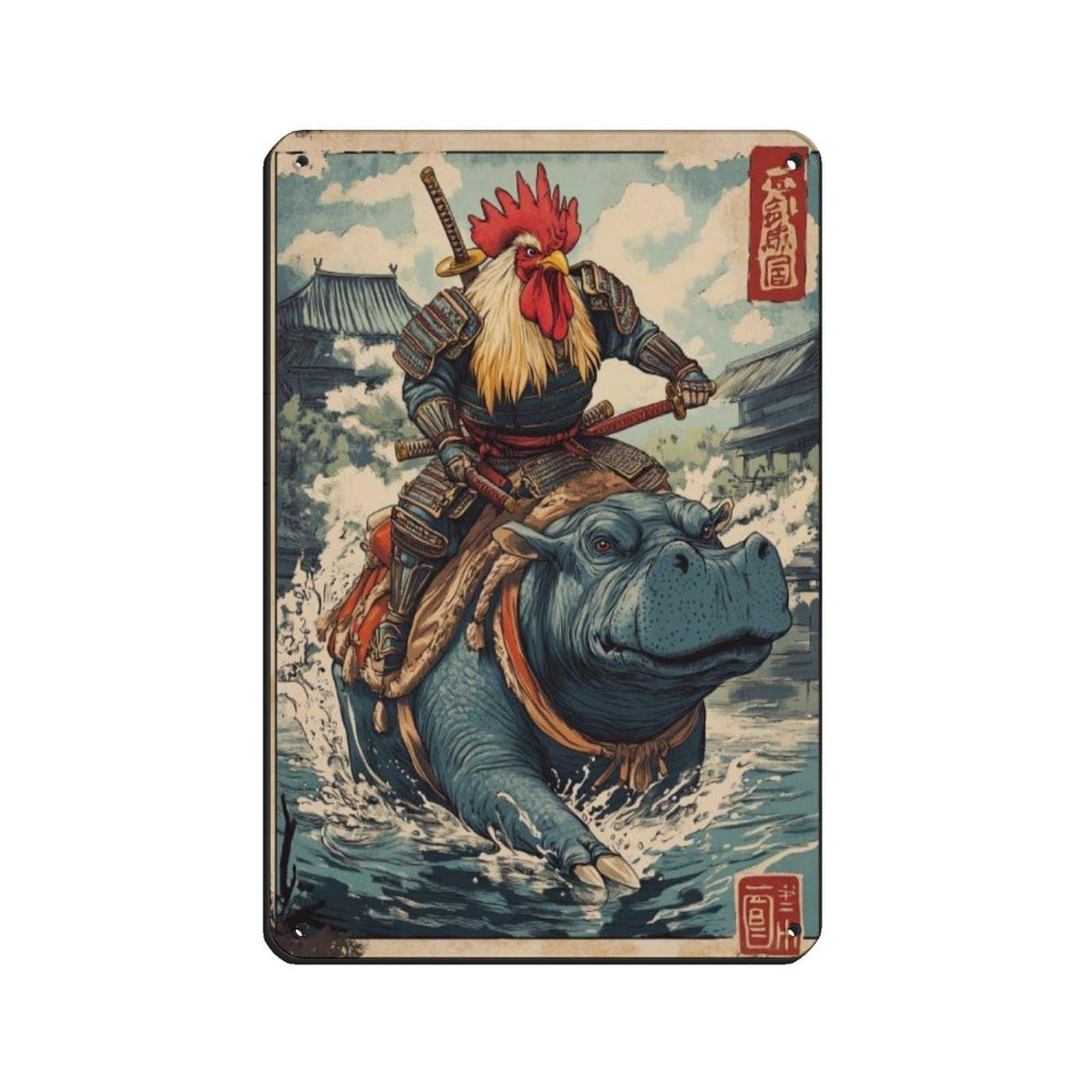 Lxwnze 20L X 30W Cm Unique Rooster Hippo Warrior Poster Tin Sign Vintage Metal Pub Club Cafe Bar Home Wall Art Decoration Poster Retro 8X12inch(20X30cm)