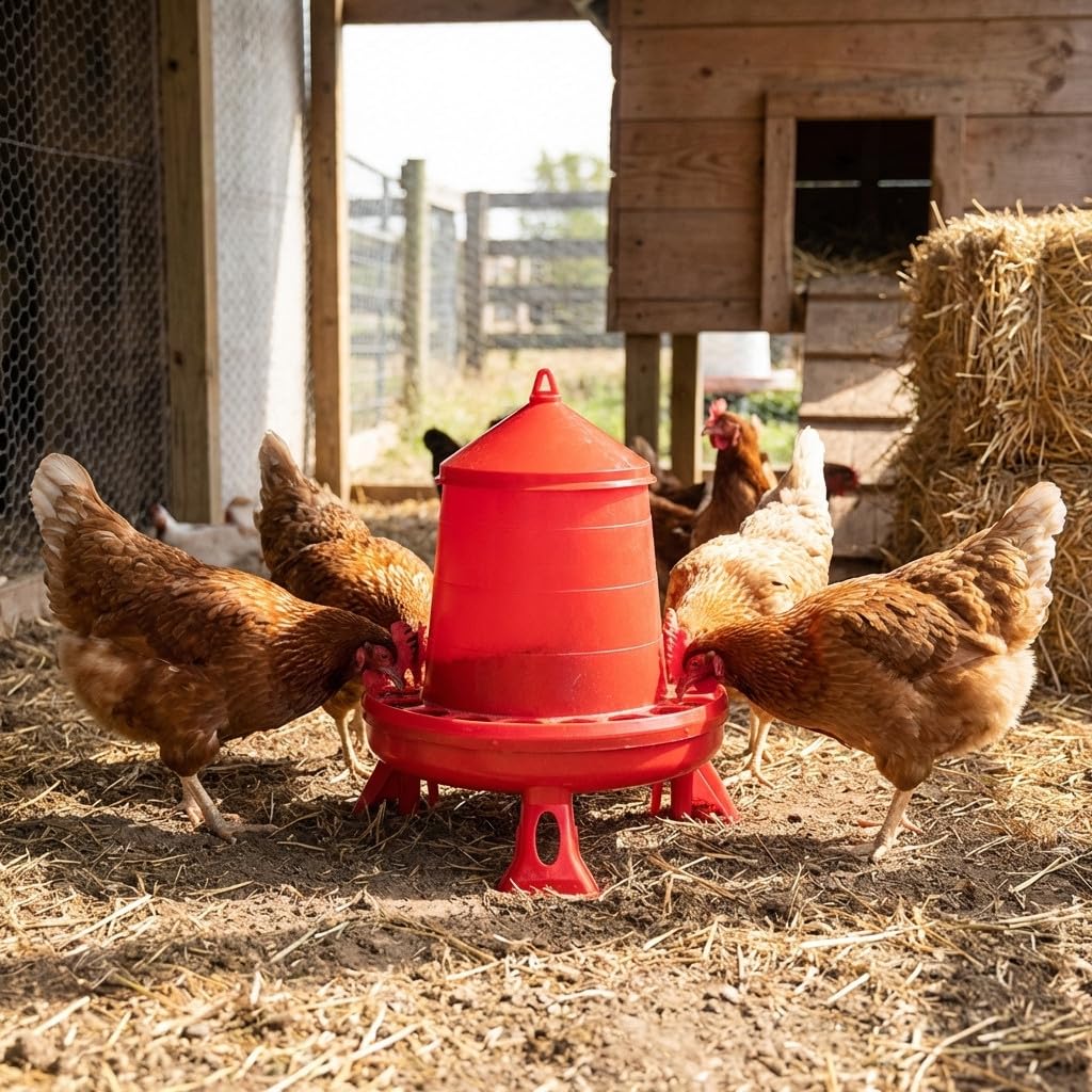 Suinga Tramoggia mangiatoia plastica galline con gambe 8 kg, 37x37x45 cm, rosso