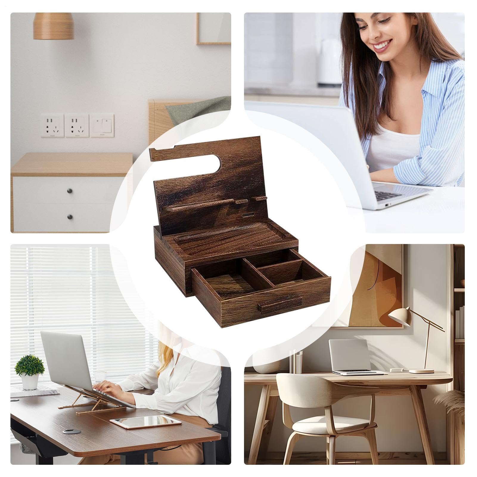 Organizer per comodino, cassetto portaoggetti, design compatto, facile da montare, slot di ricarica, design funzionale, organizer da scrivania per portachiavi, portafoglio, orologio | Stazione Di Ricarica Telefono In Legno Con Cassetto Vassoio Svuotatasch