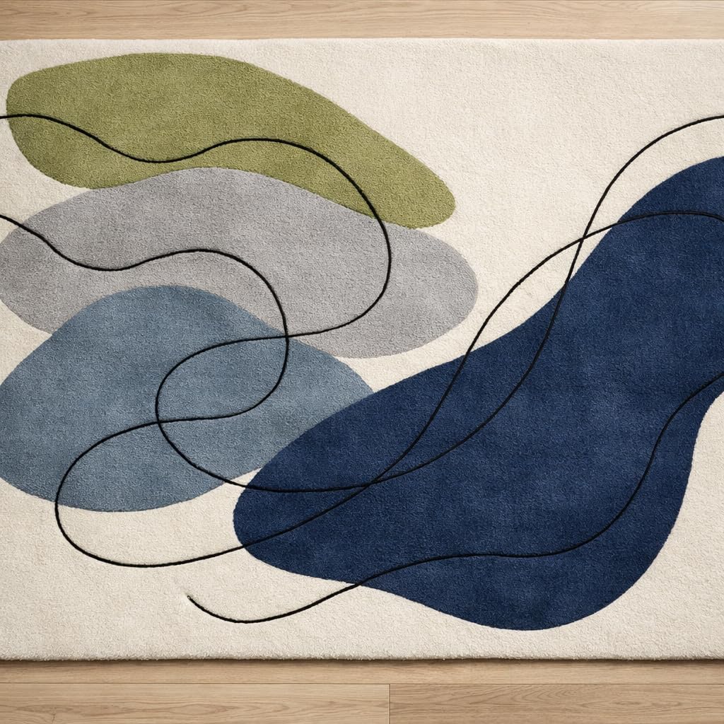 Modern Abstract Area Rug, Blue Green Gray Beige, Organic Flowing Shapes Design, Contemporary Home Decor (9 * 10 feet)