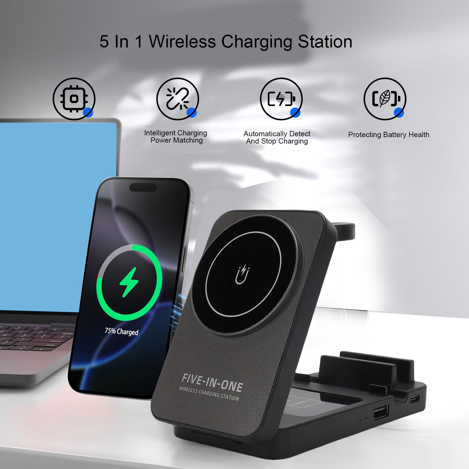 Generic Station de Recharge de Téléphone, Support de Chargeur Magnétique 15W, Charge Rapide, Large compatibilité pour Téléphones, écouteurs, Montres, Maison et Bureau