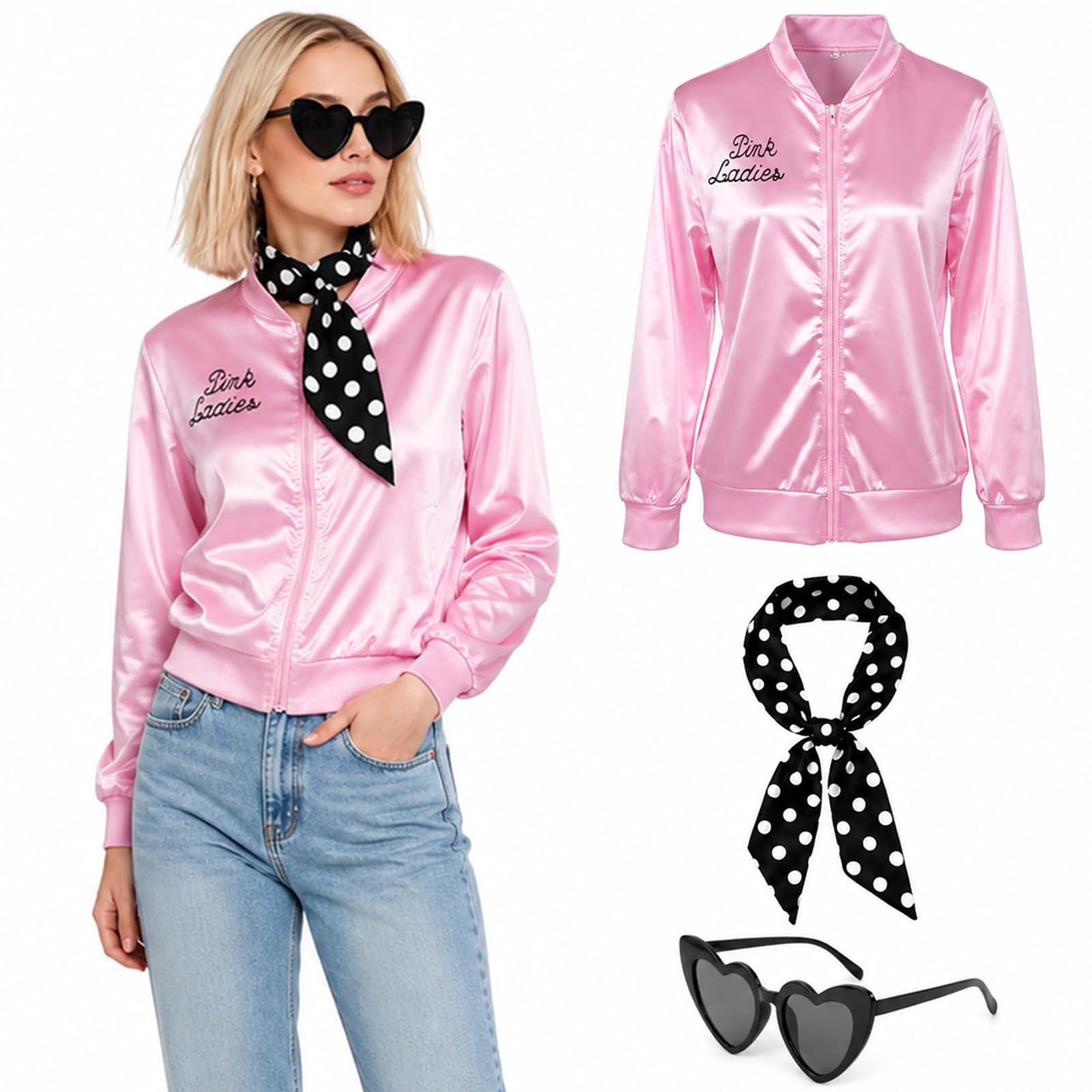 BORISCA Pink Ladies Jacket Fancy Dress Women 1950s Pink Lady Jacket Set