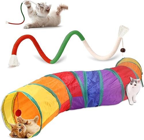 Durable Rainbow Cat S-Tunnel & Chew Rope Combo - Juego de juguetes interactivos para mascotas para gatitos cachorros, túnel de juego plegable y