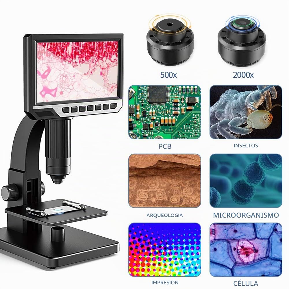 Microscopio digital LCD 7 pulgadas, lente 500-2000X, cámara 12 MP, 32G TF, 11 LED, portátil recargable, ciencia, biología, escuela, investigación