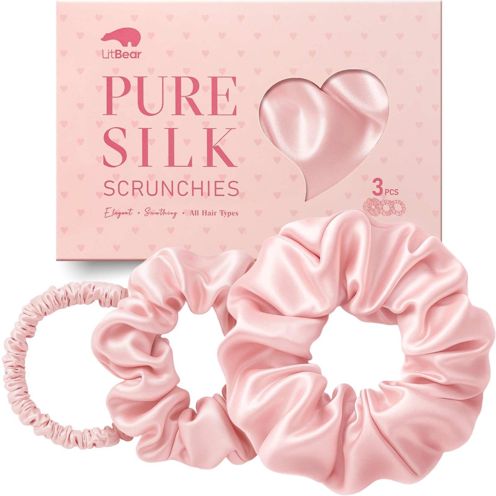 Litbear Seiden Scrunchies 3er Set, Haargummi Seide aus 100% reiner Maulbeerseide, Seidenhaargummis Damen in 3 Größen, Silk Scrunchie zum Schlafen, sanft zum Haar gegen Haarbruch